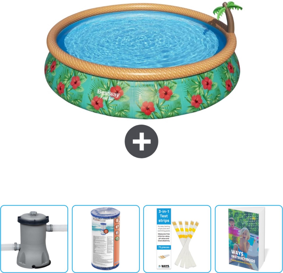 Bestway Rond Opblaasbaar Fast Set Zwembad - Paradijsprint - 457 x 84 cm - Inclusief Pomp Filter - Testrips - Zwembadgids