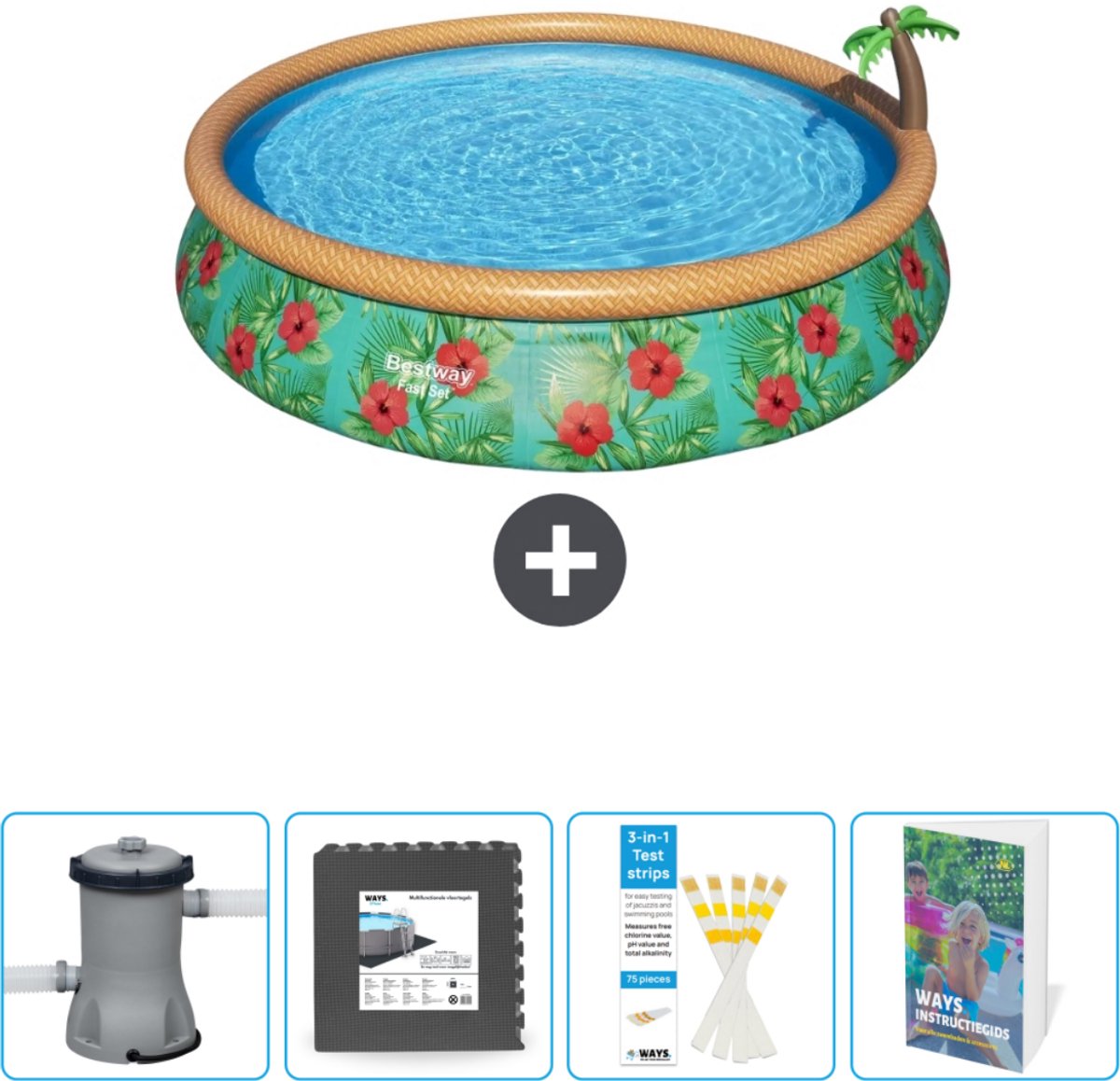 Bestway Rond Opblaasbaar Fast Set Zwembad - Paradijsprint - 457 x 84 cm - Inclusief Pomp Vloertegels - Testrips - Zwembadgids