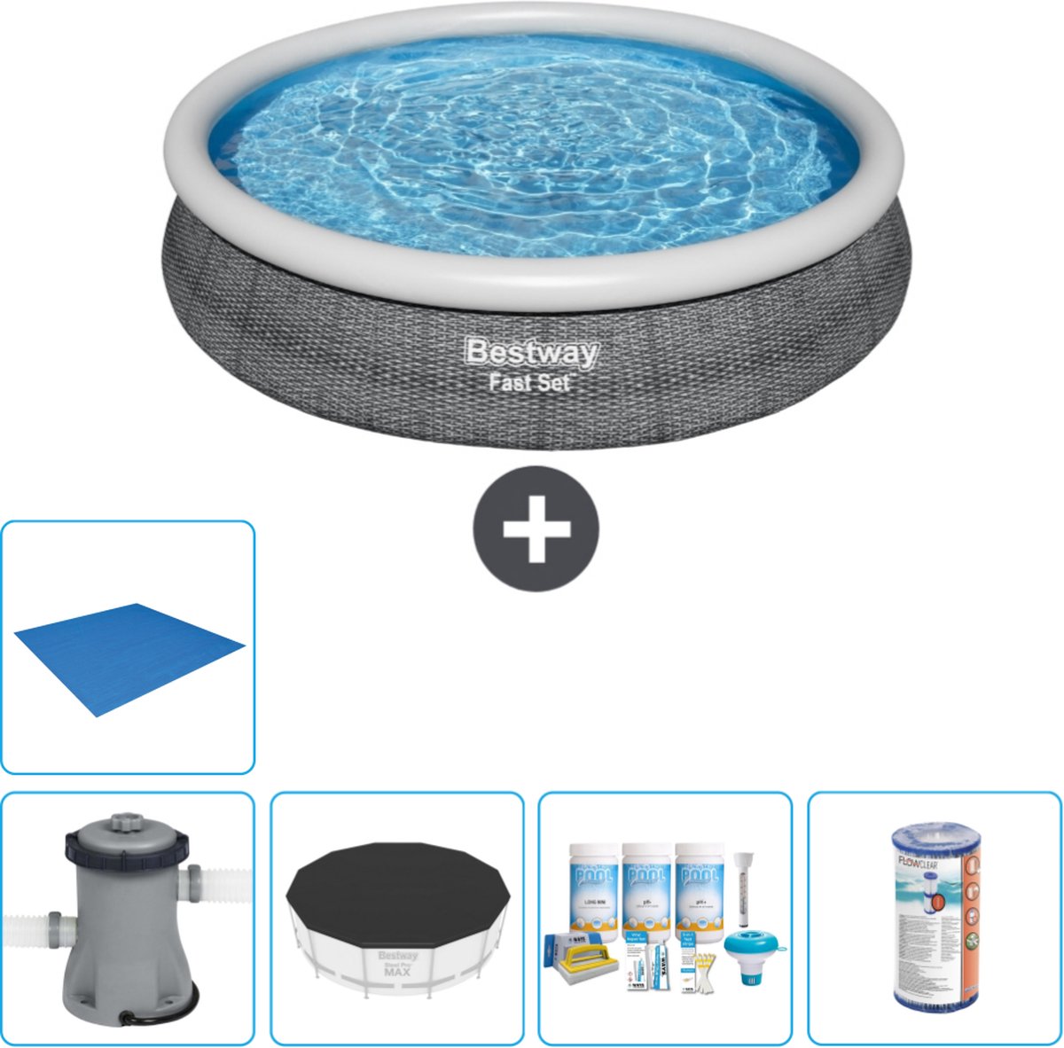 Bestway Rond Opblaasbaar Fast Set Zwembad - Rotanprint - 366 x 76 cm - Inclusief Pomp Afdekzeil - Onderhoudspakket - Filter - Grondzeil