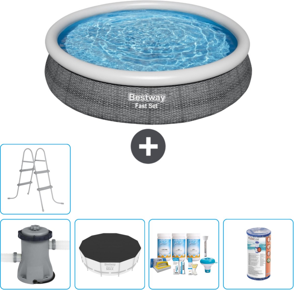Bestway Rond Opblaasbaar Fast Set Zwembad - Rotanprint - 366 x 76 cm - Inclusief Pomp Afdekzeil - Onderhoudspakket - Filter - Ladder