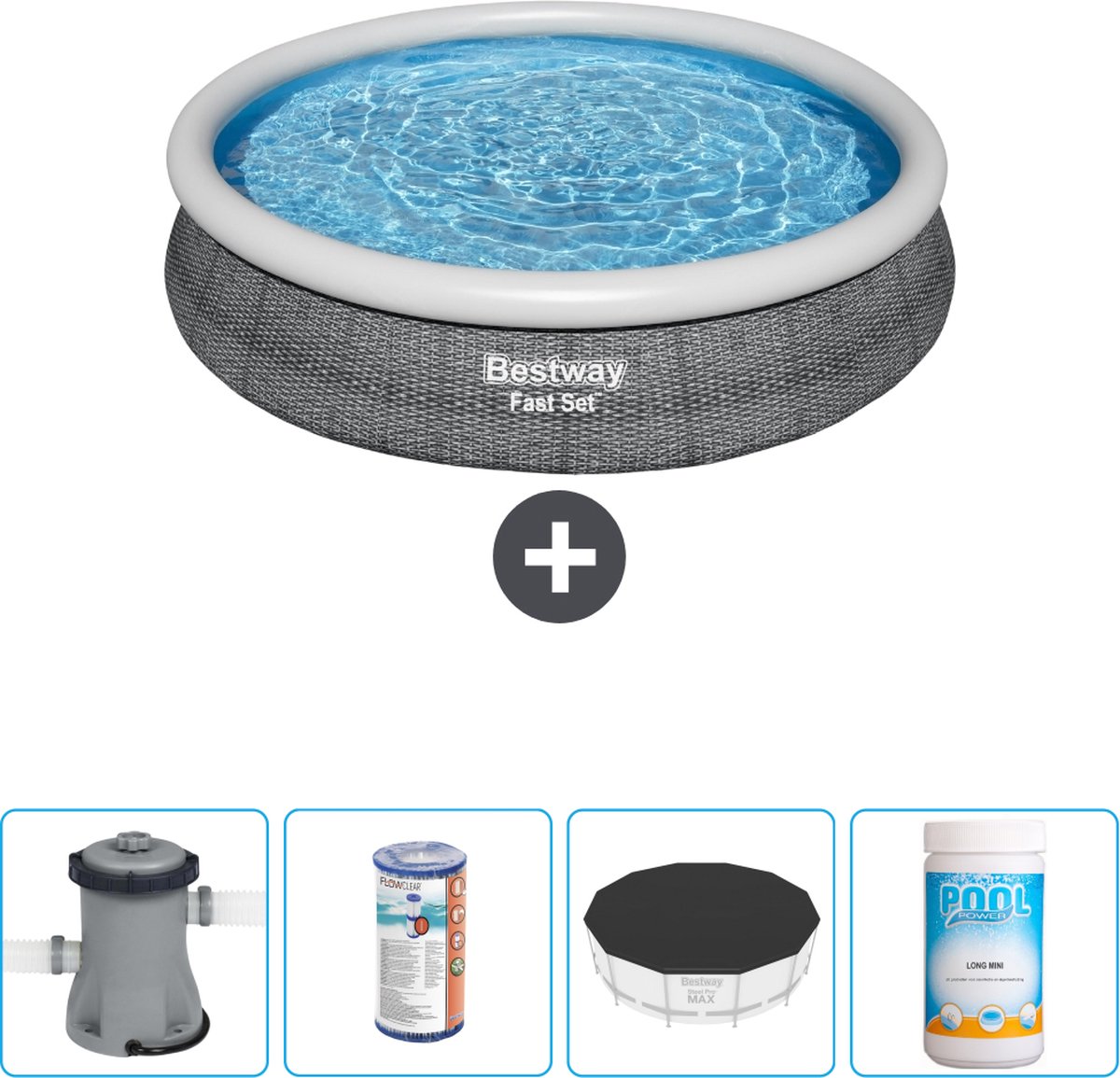 Bestway Rond Opblaasbaar Fast Set Zwembad - Rotanprint - 366 x 76 cm - Inclusief Pomp Filter - Afdekzeil - Chloor
