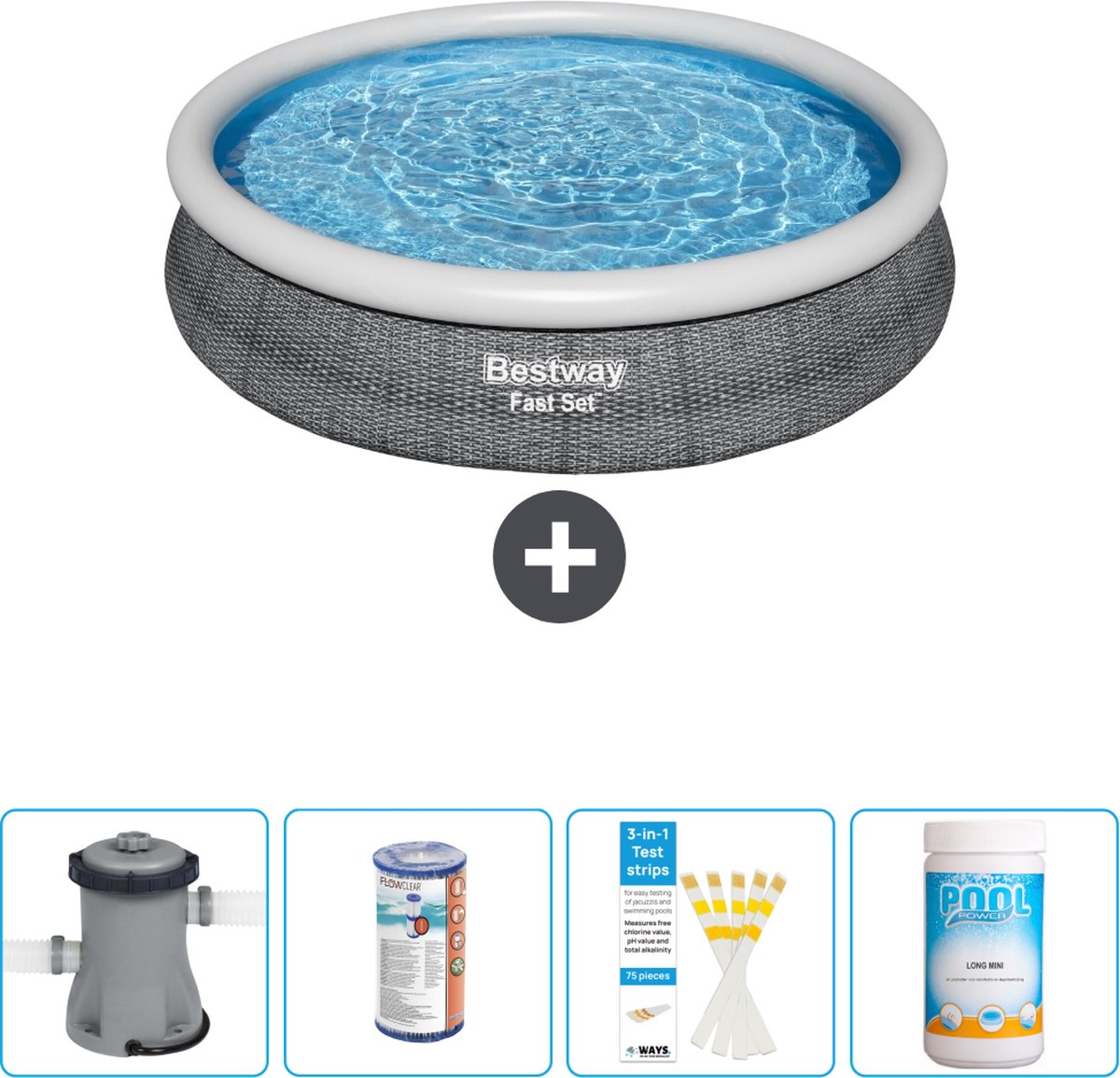 Bestway Rond Opblaasbaar Fast Set Zwembad - Rotanprint - 366 x 76 cm - Inclusief Pomp Filter - Testrips - Chloor