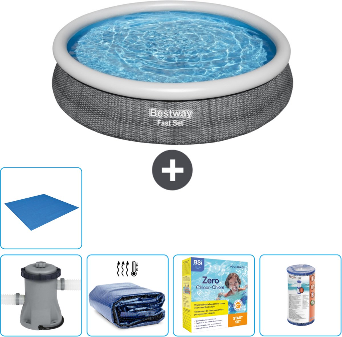 Bestway Rond Opblaasbaar Fast Set Zwembad - Rotanprint - 366 x 76 cm - Inclusief Pomp Solarzeil - Onderhoudspakket - Filter - Grondzeil