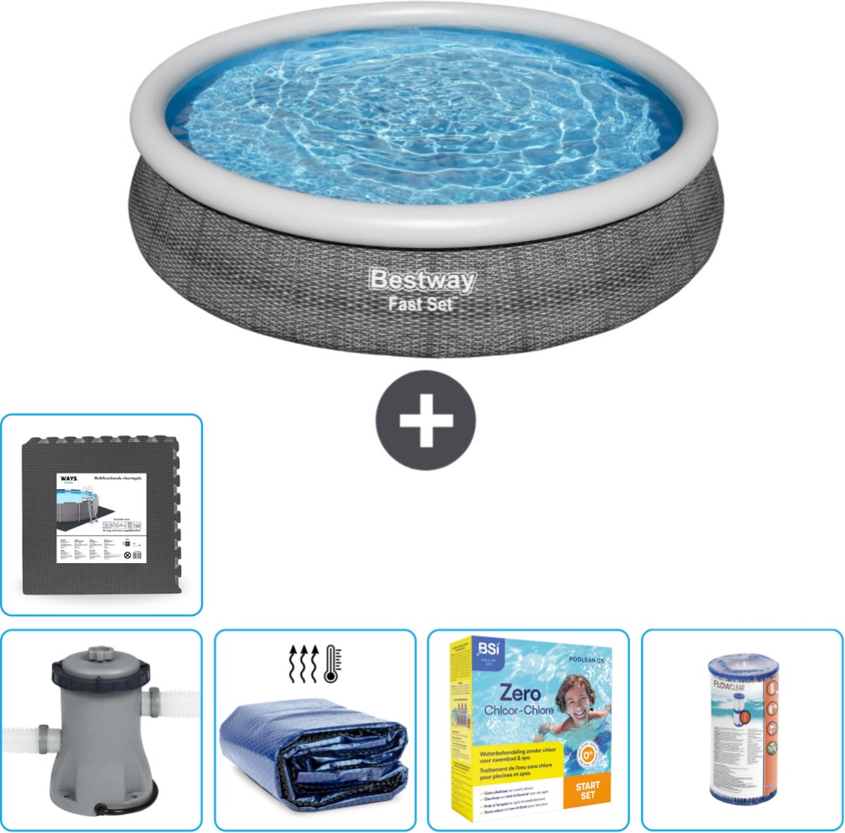 Bestway Rond Opblaasbaar Fast Set Zwembad - Rotanprint - 366 x 76 cm - Inclusief Pomp Solarzeil - Onderhoudspakket - Filter - Vloertegels