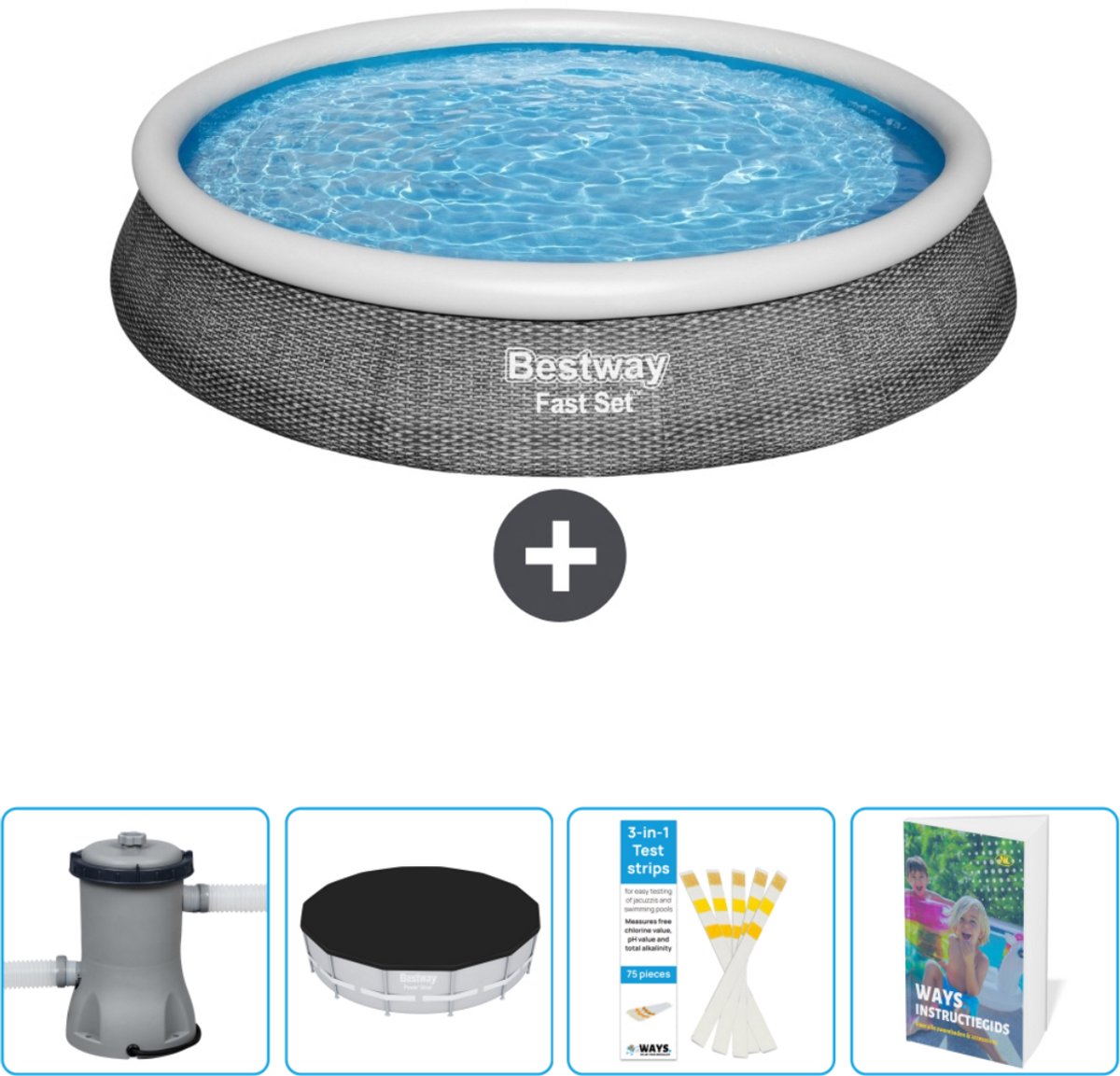 Bestway Rond Opblaasbaar Fast Set Zwembad - Rotanprint - 396 x 84 cm - Inclusief Pomp Afdekzeil - Testrips - Zwembadgids