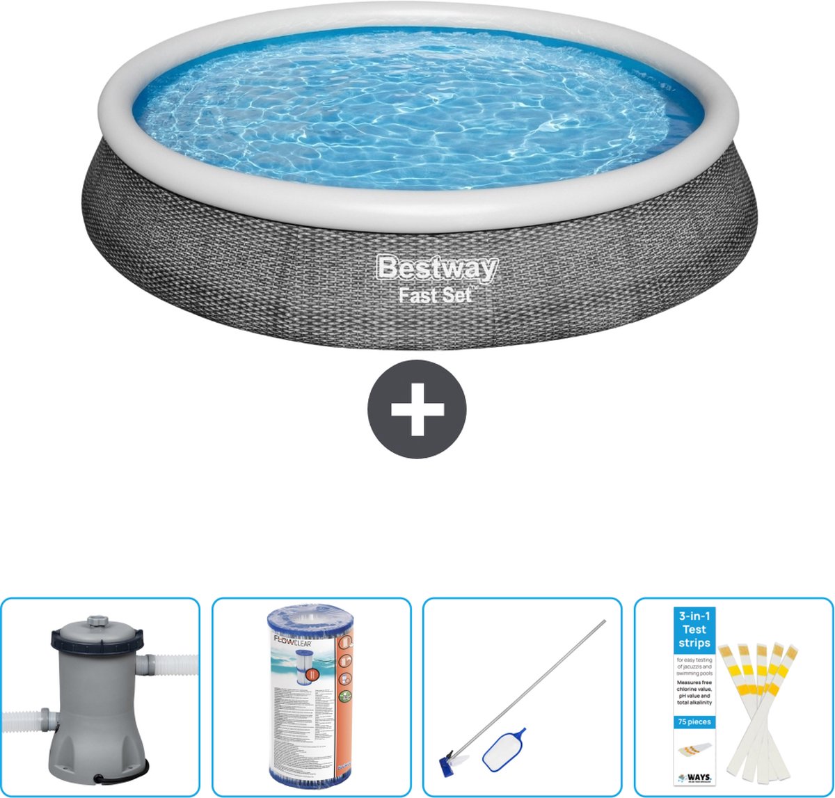 Bestway Rond Opblaasbaar Fast Set Zwembad - Rotanprint - 396 x 84 cm - Inclusief Pomp Filter - Schoonmaakset - Testrips