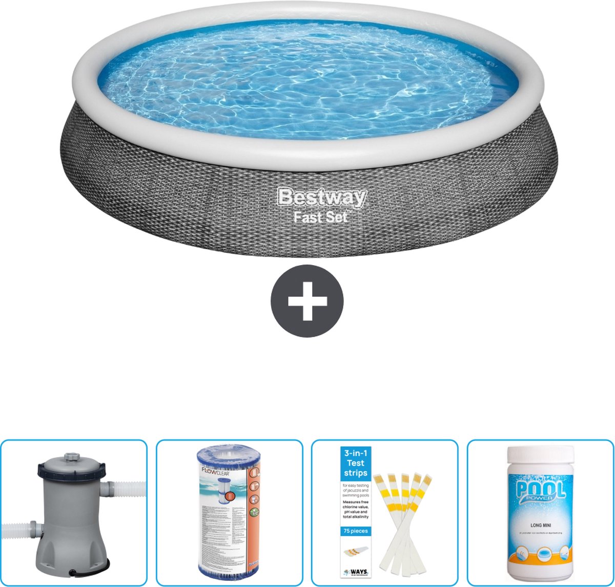 Bestway Rond Opblaasbaar Fast Set Zwembad - Rotanprint - 396 x 84 cm - Inclusief Pomp Filter - Testrips - Chloor