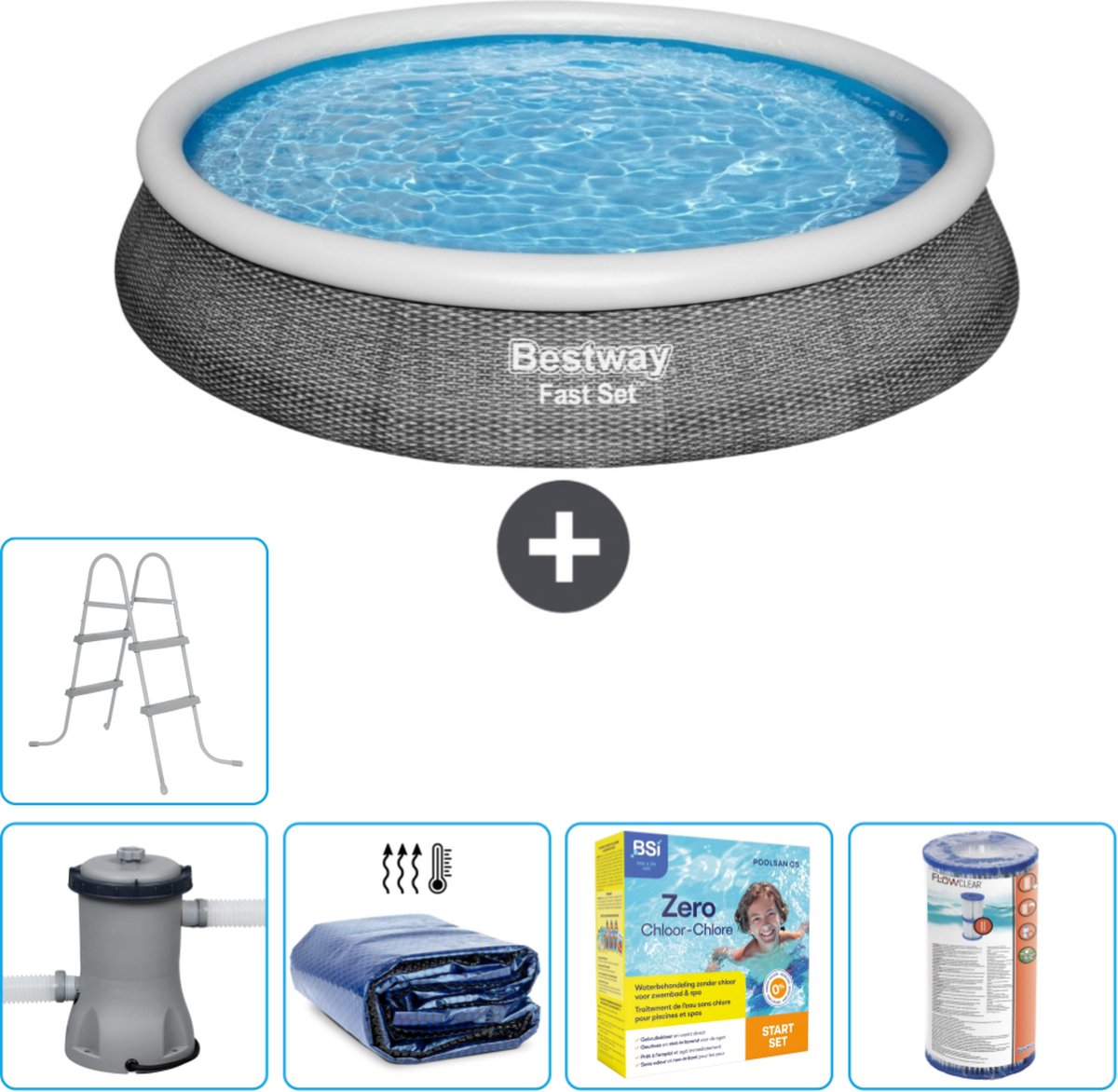 Bestway Rond Opblaasbaar Fast Set Zwembad - Rotanprint - 396 x 84 cm - Inclusief Pomp Solarzeil - Onderhoudspakket - Filter - Ladder