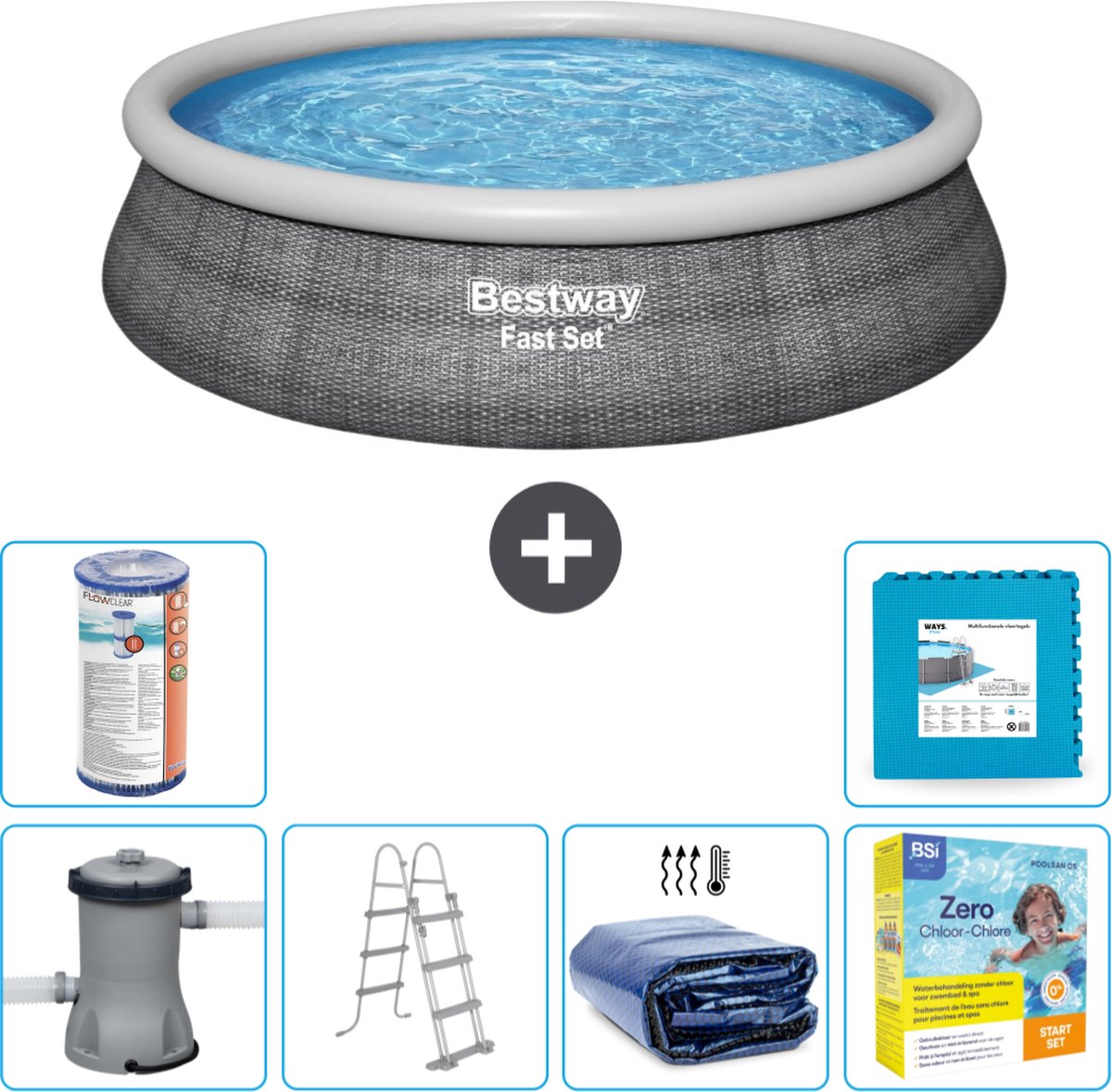 Bestway Rond Opblaasbaar Fast Set Zwembad - Rotanprint - 457 x 107 cm - Inclusief Pomp - Ladder Solarzeil - Onderhoudspakket - Filter - Vloertegels