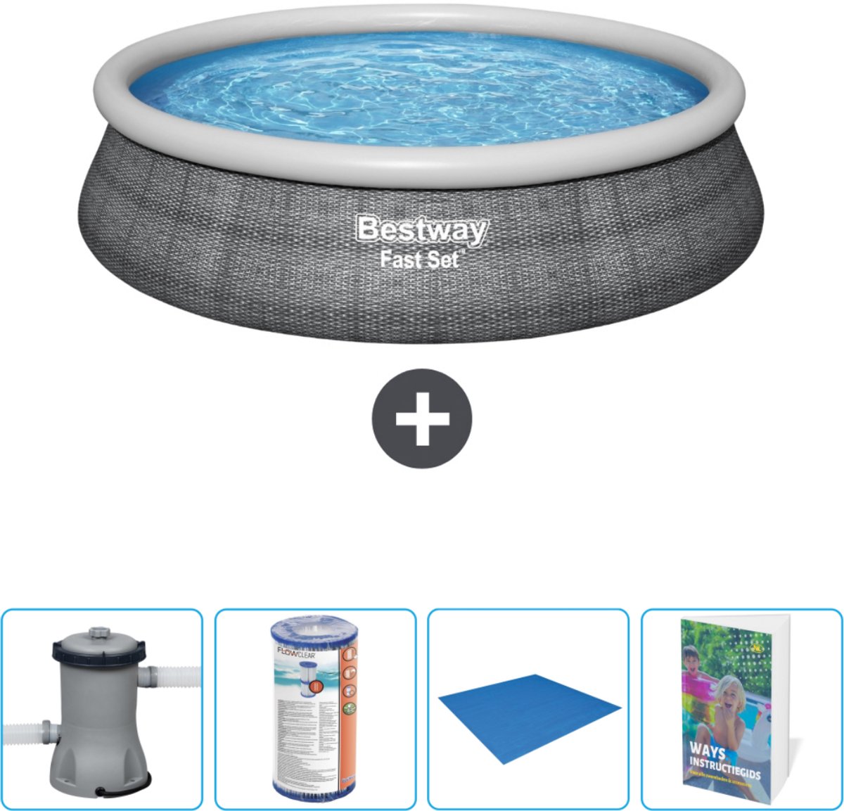 Bestway Rond Opblaasbaar Fast Set Zwembad - Rotanprint - 457 x 84 cm - Inclusief Pomp Filter - Grondzeil - Zwembadgids