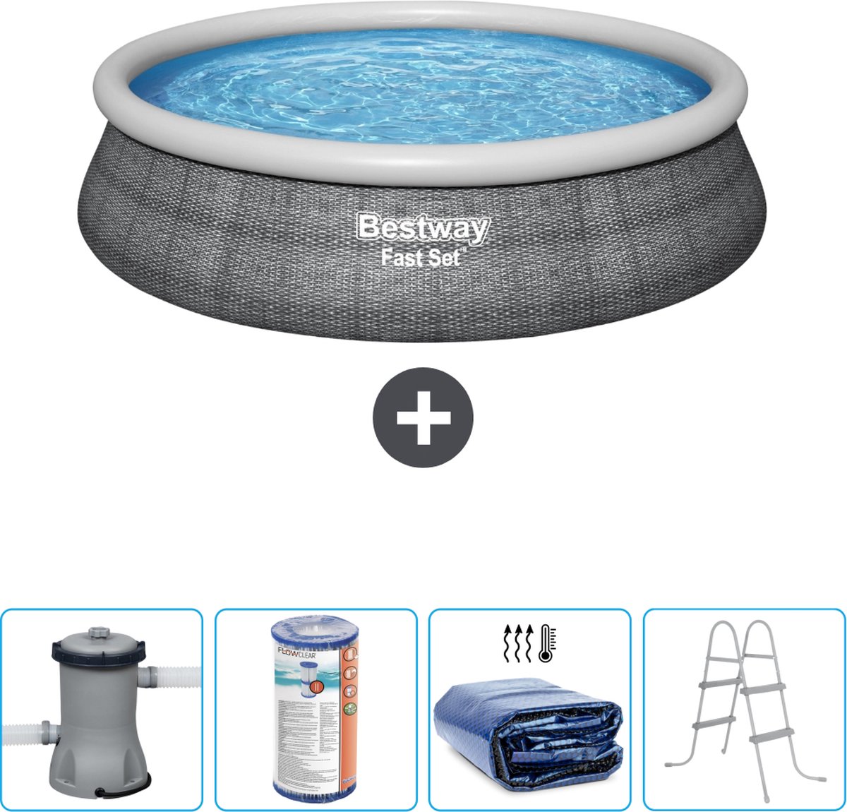 Bestway Rond Opblaasbaar Fast Set Zwembad - Rotanprint - 457 x 84 cm - Inclusief Pomp Filter - Solarzeil - Ladder