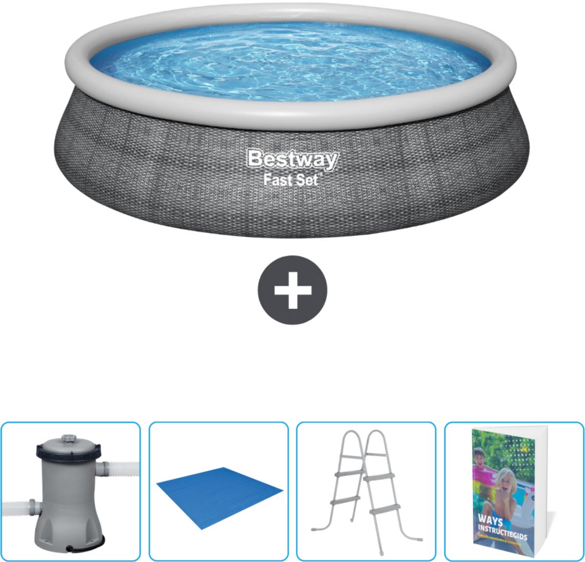 Bestway Rond Opblaasbaar Fast Set Zwembad - Rotanprint - 457 x 84 cm - Inclusief Pomp Grondzeil - Ladder - Zwembadgids