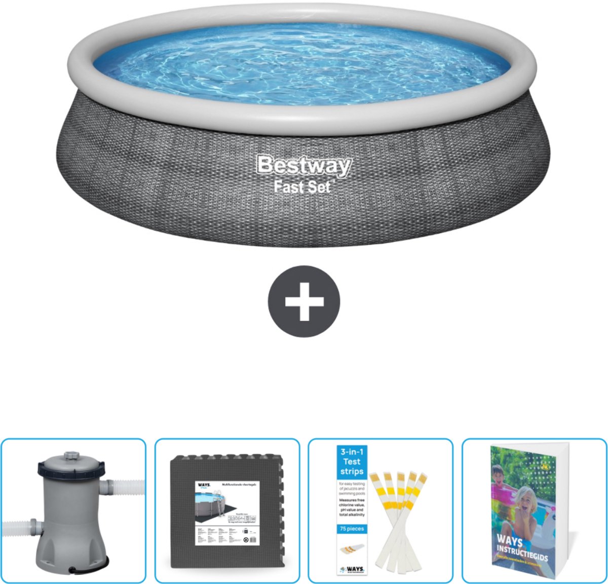 Bestway Rond Opblaasbaar Fast Set Zwembad - Rotanprint - 457 x 84 cm - Inclusief Pomp Vloertegels - Testrips - Zwembadgids