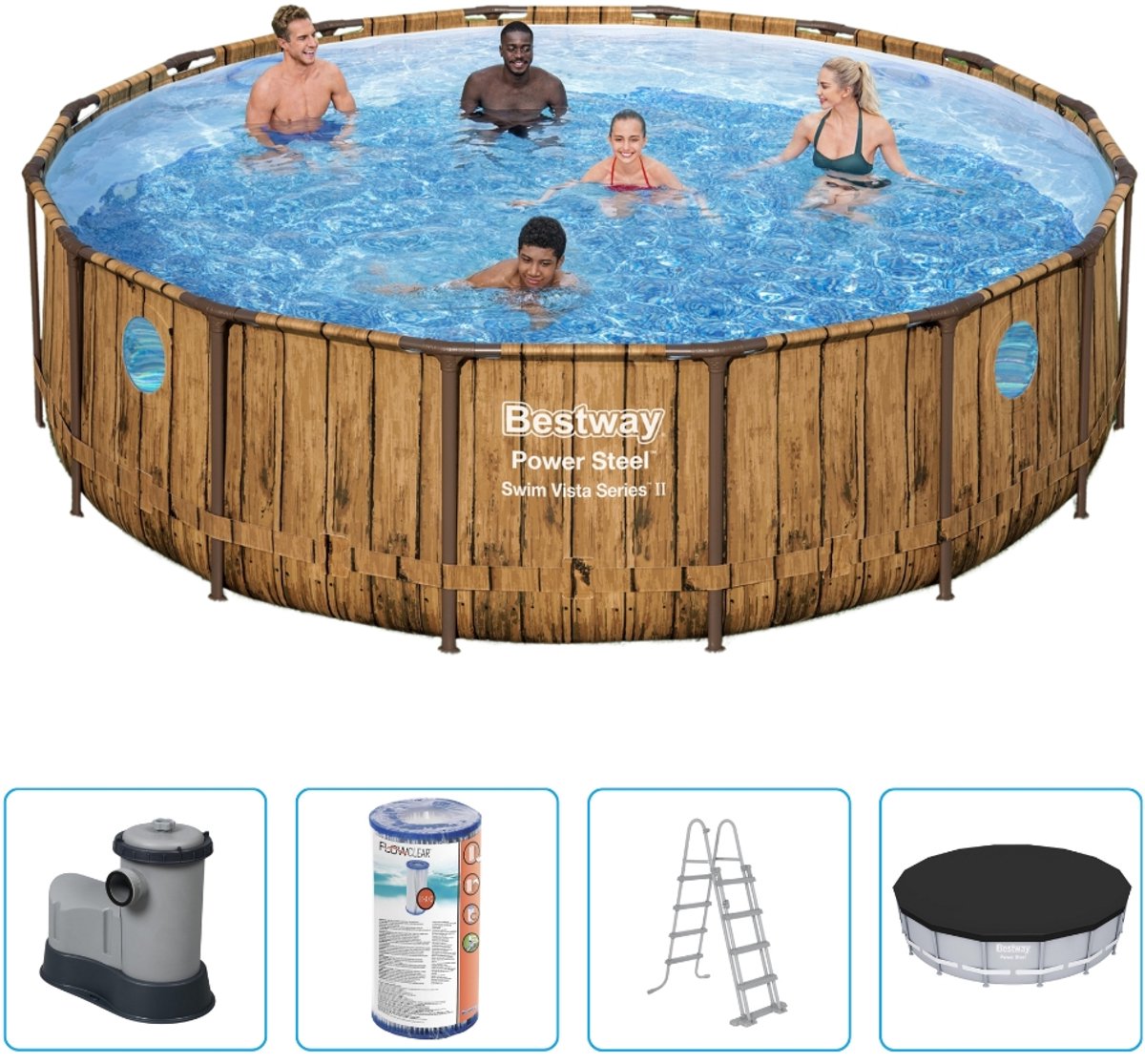 Bestway - Power Steel Swim Vista - Houtprint - Opzetzwembad - Ø 488 x 122 cm - Inclusief Filterpomp & Accessoires