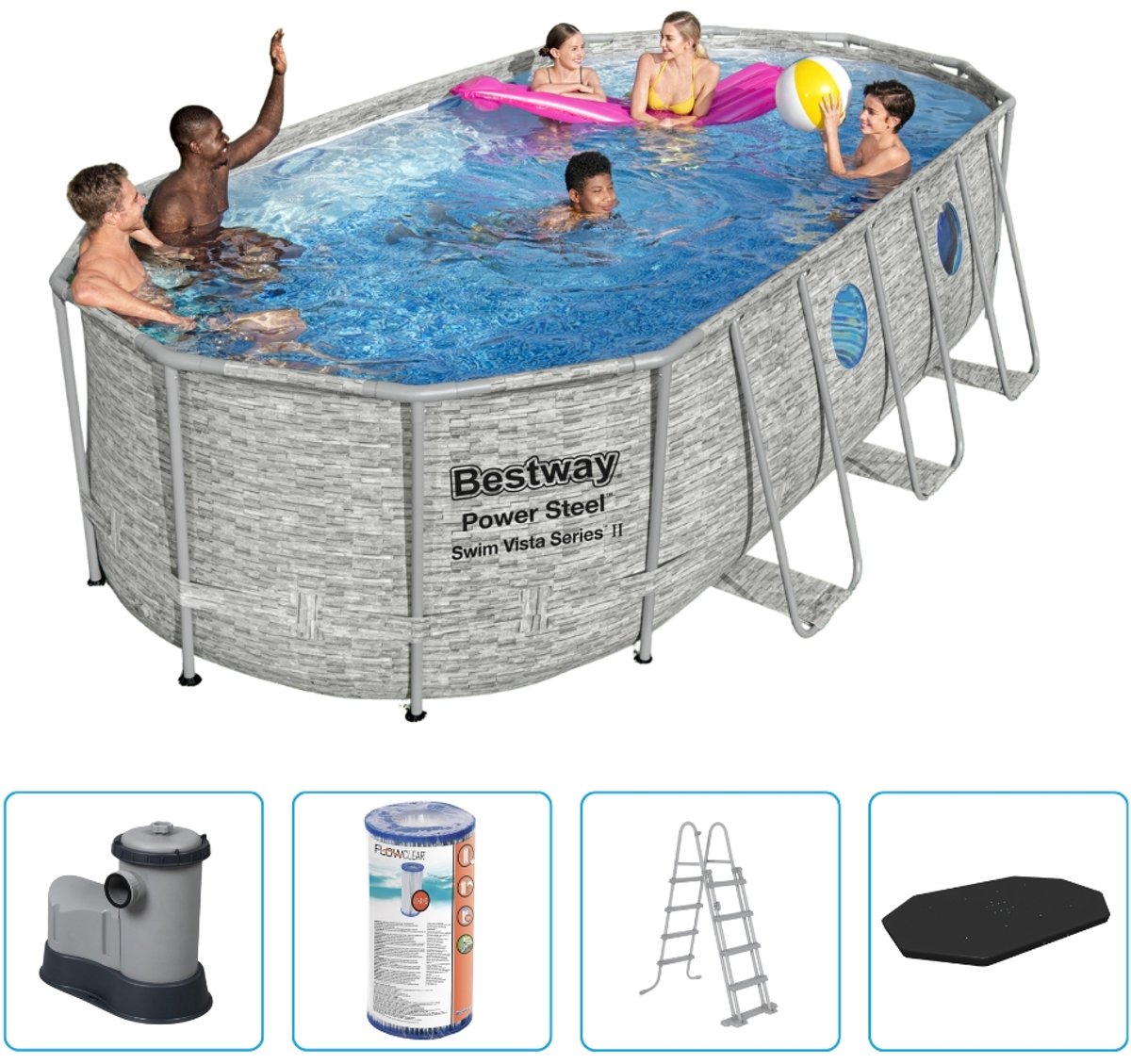 Bestway - Power Steel Swim Vista - Steenprint - Opzetzwembad - 549 x 274 x 122 cm - Inclusief Filterpomp & Accessoires