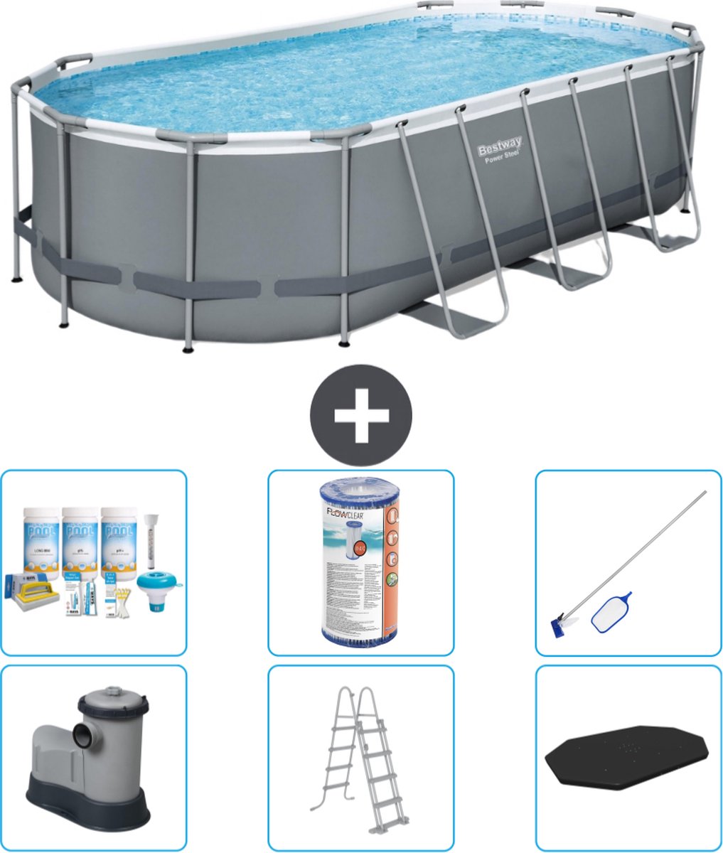 Bestway Ovaal Power Steel Zwembad - 549 x 274 x 122 - Grijs - Inclusief Pomp - Ladder - Afdekzeil Onderhoudspakket - Filter - Schoonmaakset