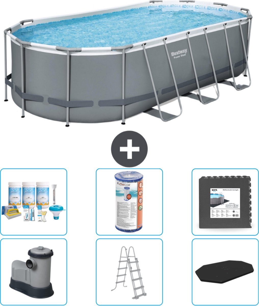 Bestway Ovaal Power Steel Zwembad - 549 x 274 x 122 - Grijs - Inclusief Pomp - Ladder - Afdekzeil Onderhoudspakket - Filter - Vloertegels
