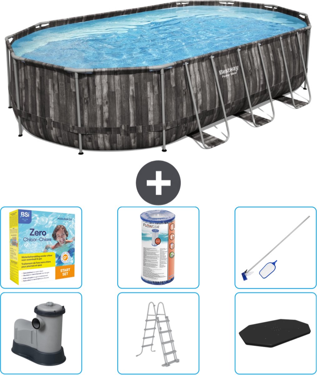 Bestway Ovaal Power Steel Zwembad - 610 x 366 x 122 - Grijs - Inclusief Pomp - Ladder - Afdekzeil Onderhoudspakket - Filter - Schoonmaakset