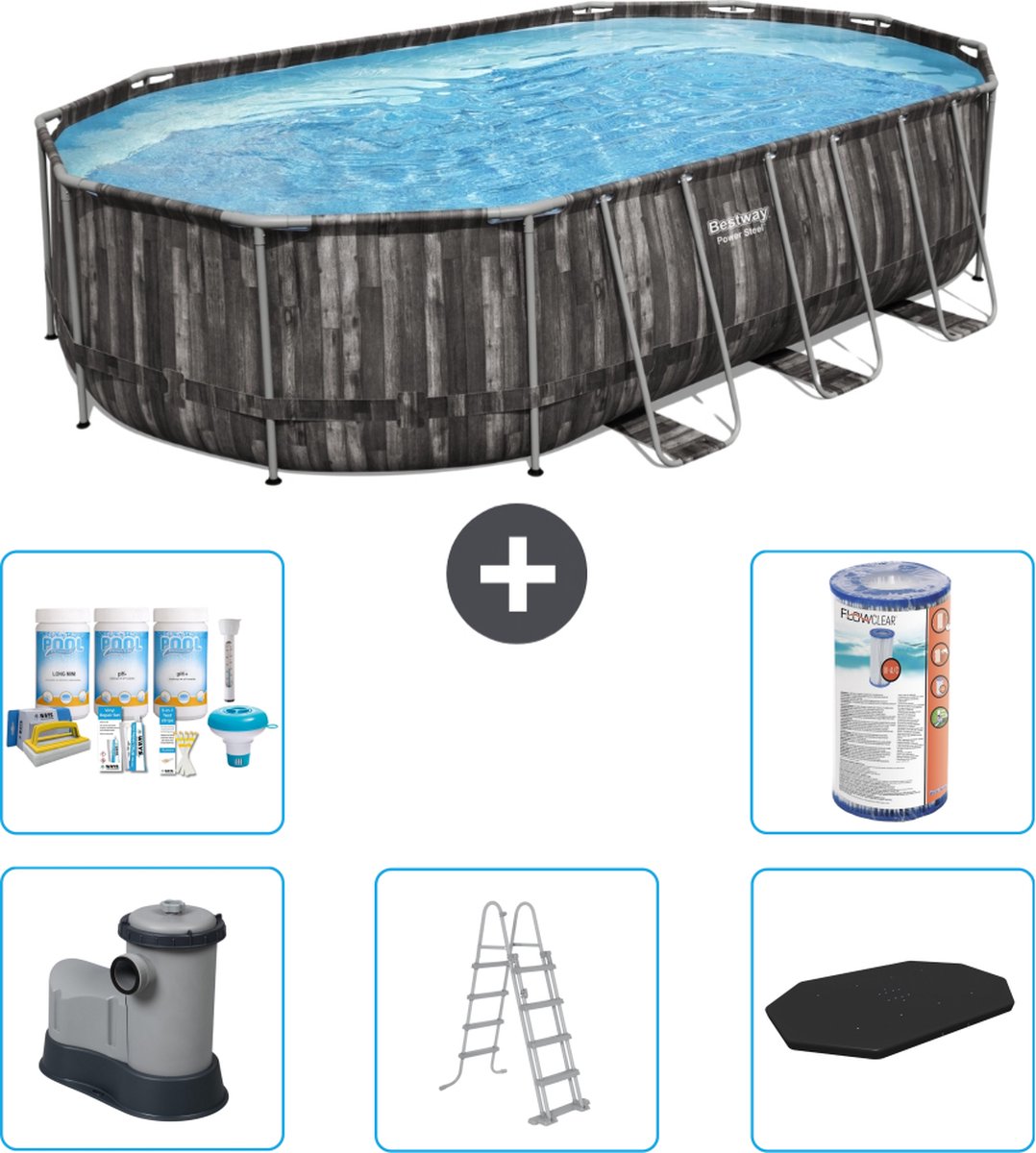 Bestway Ovaal Power Steel Zwembad - 610 x 366 x 122 - Grijs - Inclusief Pomp - Ladder - Afdekzeil Onderhoudspakket - Filter