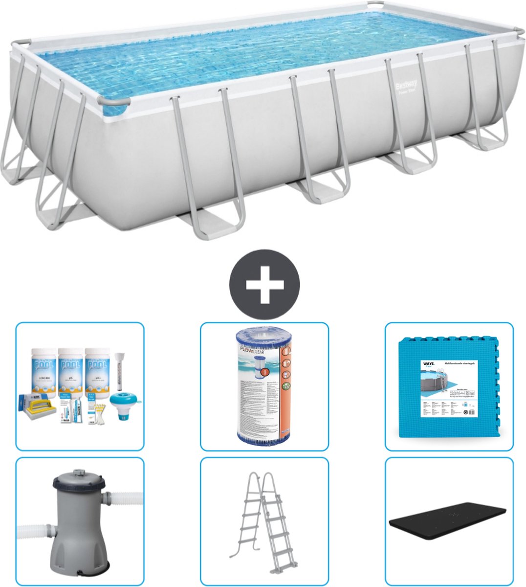 Bestway Rechthoekig Power Steel Zwembad - 488 x 244 x 122 - Grijs Inclusief Pomp - Ladder - Afdekzeil Onderhoudspakket - Filter - Vloertegels