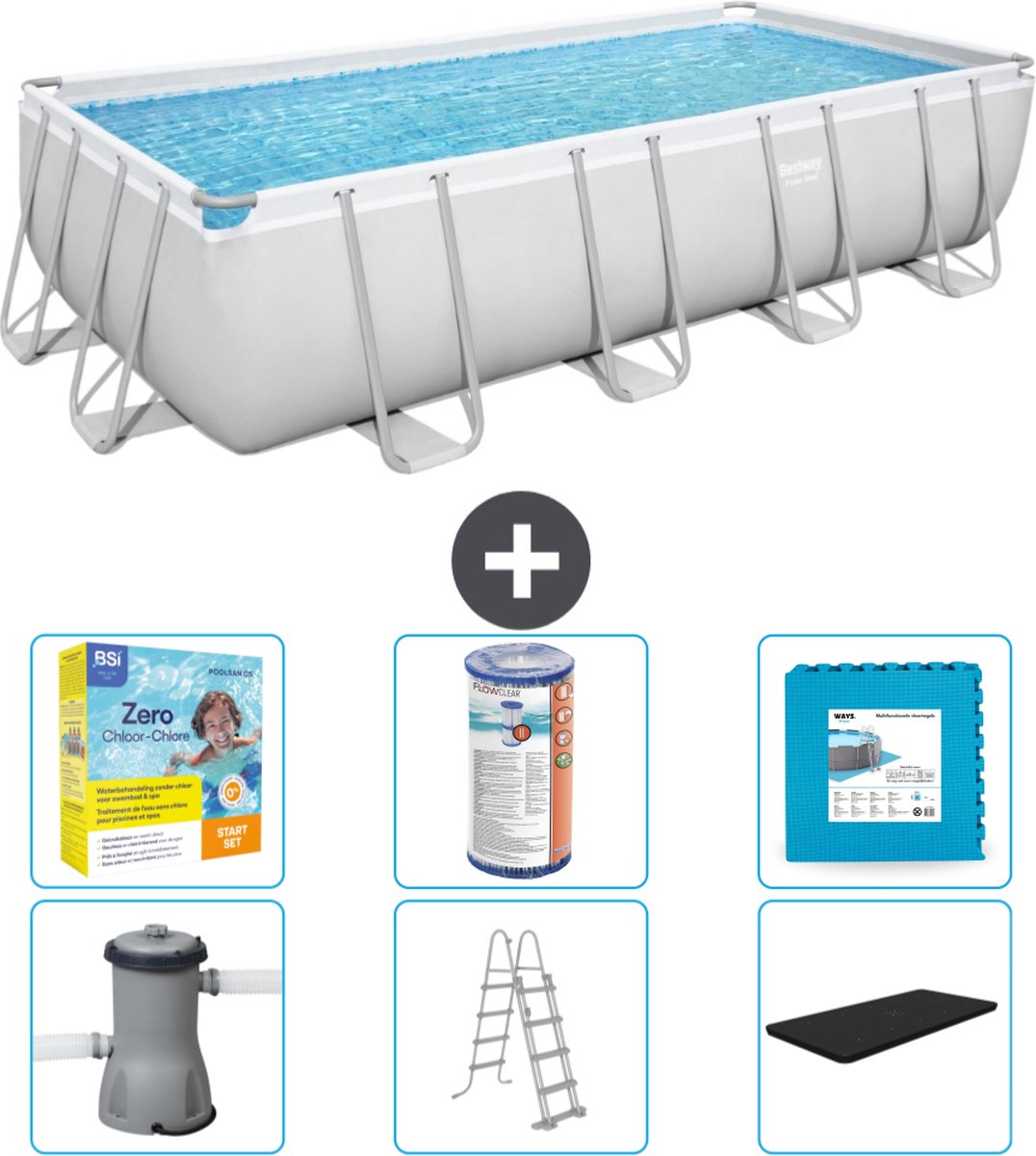 Bestway Rechthoekig Power Steel Zwembad - 488 x 244 x 122 - Grijs Inclusief Pomp - Ladder - Afdekzeil Onderhoudspakket - Filter - Vloertegels