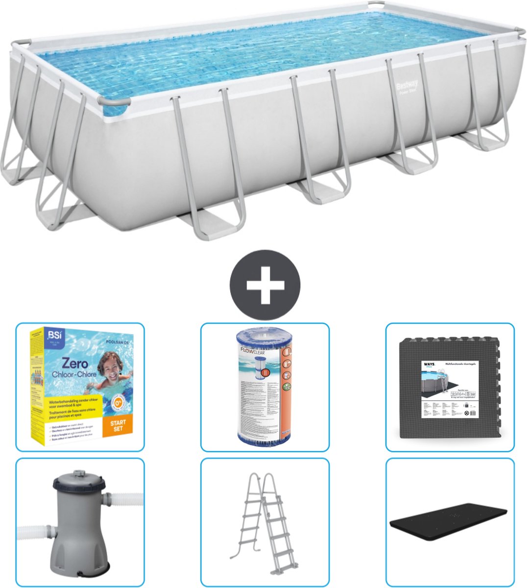 Bestway Rechthoekig Power Steel Zwembad - 488 x 244 x 122 - Grijs Inclusief Pomp - Ladder - Afdekzeil Onderhoudspakket - Filter - Vloertegels