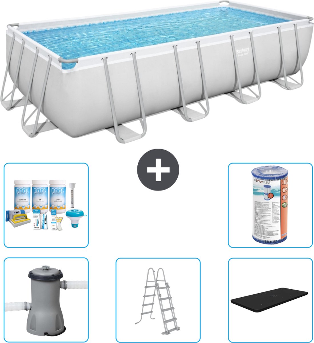 Bestway Rechthoekig Power Steel Zwembad - 488 x 244 x 122 - Grijs Inclusief Pomp - Ladder - Afdekzeil Onderhoudspakket - Filter
