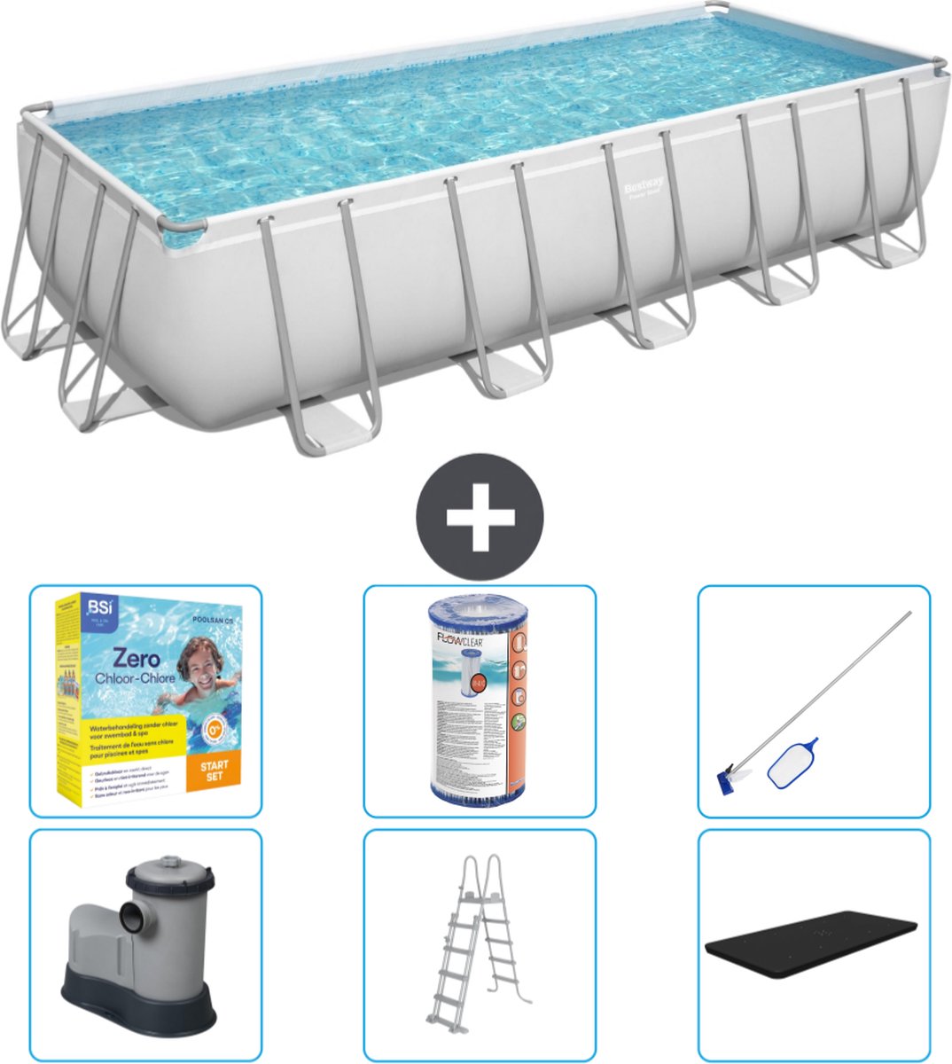 Bestway Rechthoekig Power Steel Zwembad - 640 x 274 x 132 - Grijs - Inclusief Pomp - Ladder - Afdekzeil Onderhoudspakket - Filter - Schoonmaakset