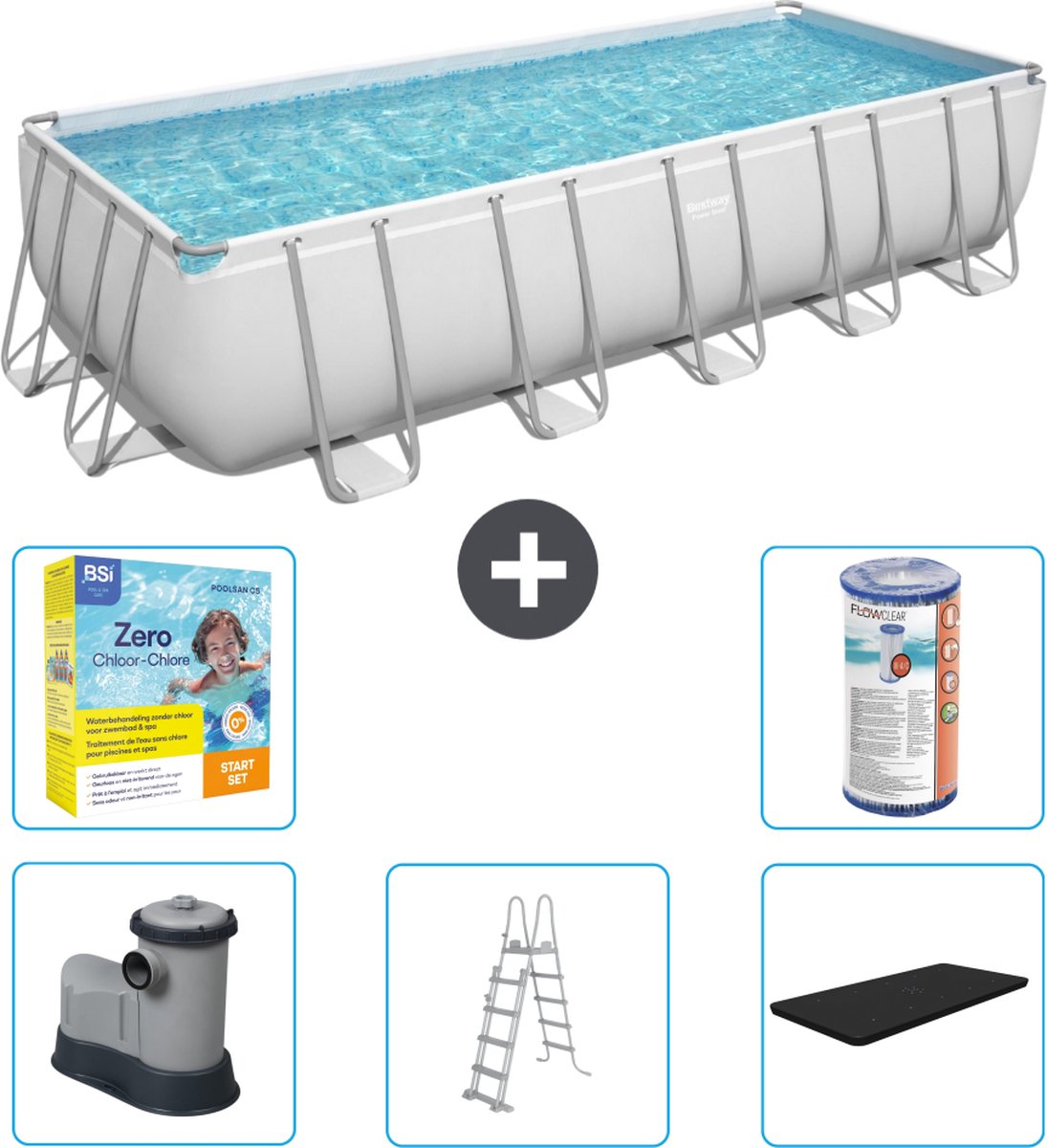 Bestway Rechthoekig Power Steel Zwembad - 640 x 274 x 132 - Grijs - Inclusief Pomp - Ladder - Afdekzeil Onderhoudspakket - Filter