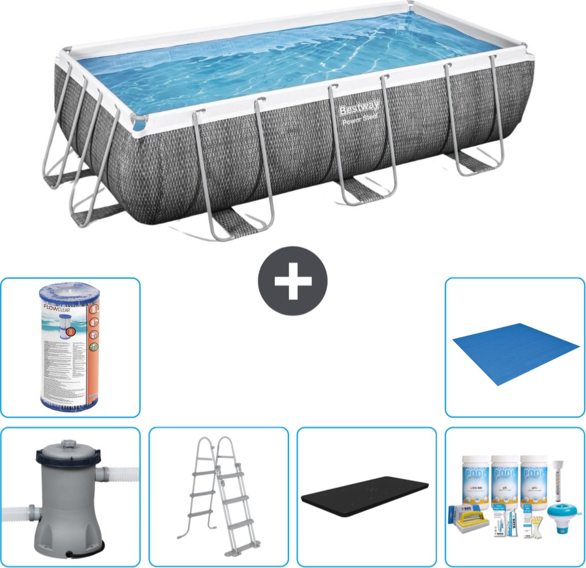 Bestway Rechthoekig Power Steel Zwembad - Rattanprint - 404 x 201 x 100 - Inclusief Pomp - Ladder Afdekzeil - Onderhoudspakket - Filter - Grondzeil
