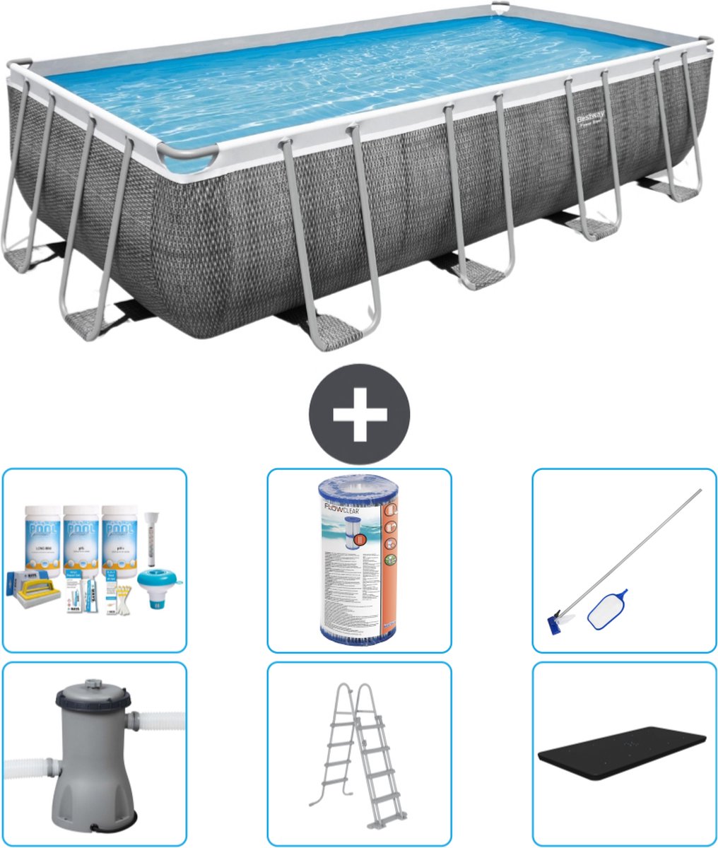 Bestway Rechthoekig Power Steel Zwembad - Rattanprint - 488 x 244 x 122 - Inclusief Pomp - Ladder - Afdekzeil Onderhoudspakket - Filter - Schoonmaakset