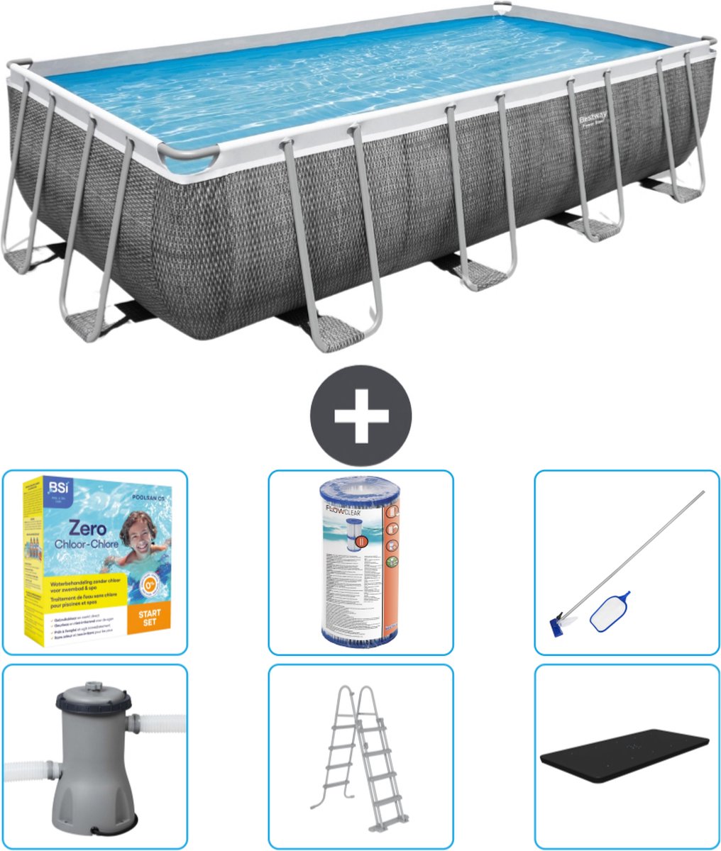 Bestway Rechthoekig Power Steel Zwembad - Rattanprint - 488 x 244 x 122 - Inclusief Pomp - Ladder - Afdekzeil Onderhoudspakket - Filter - Schoonmaakset