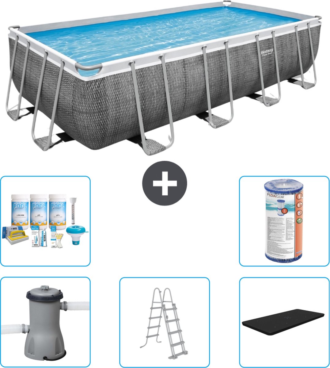 Bestway Rechthoekig Power Steel Zwembad - Rattanprint - 488 x 244 x 122 - Inclusief Pomp - Ladder - Afdekzeil Onderhoudspakket - Filter
