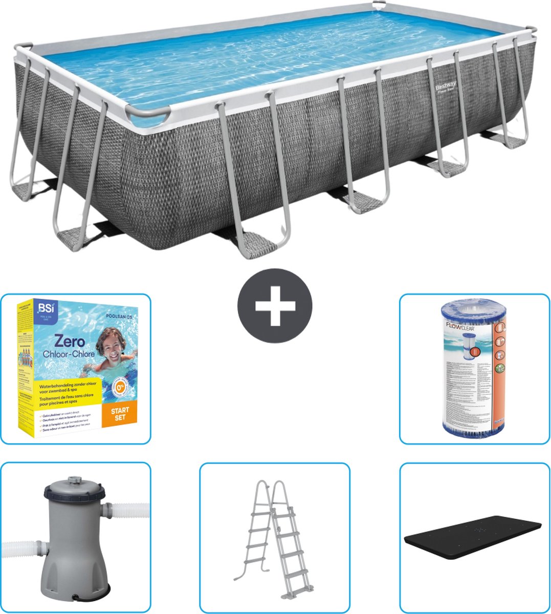 Bestway Rechthoekig Power Steel Zwembad - Rattanprint - 488 x 244 x 122 - Inclusief Pomp - Ladder - Afdekzeil Onderhoudspakket - Filter