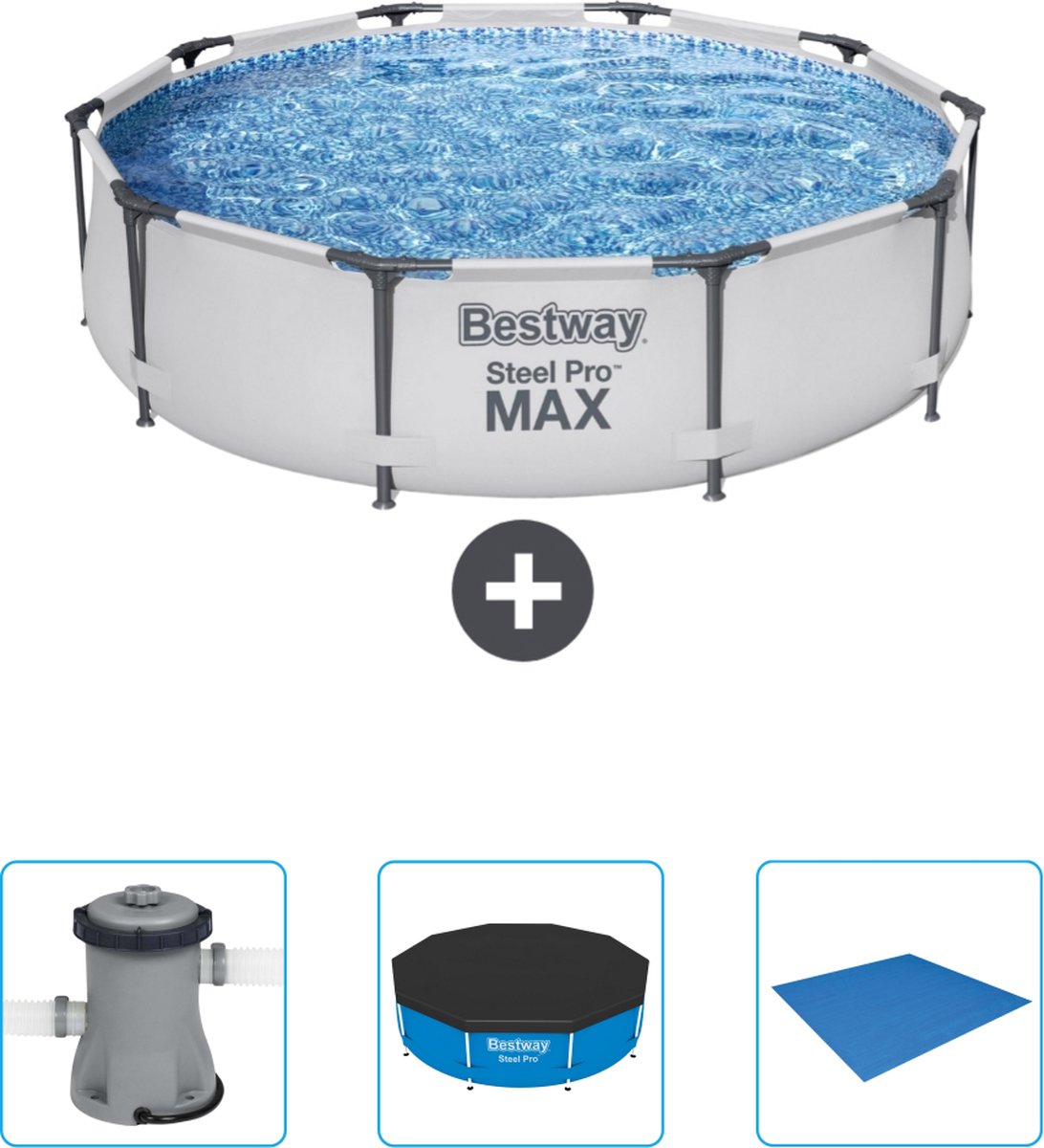 Bestway Rond Steel Pro MAX Zwembad - 305 x 76 cm - Grijs - Inclusief Pomp - Afdekzeil - Grondzeil