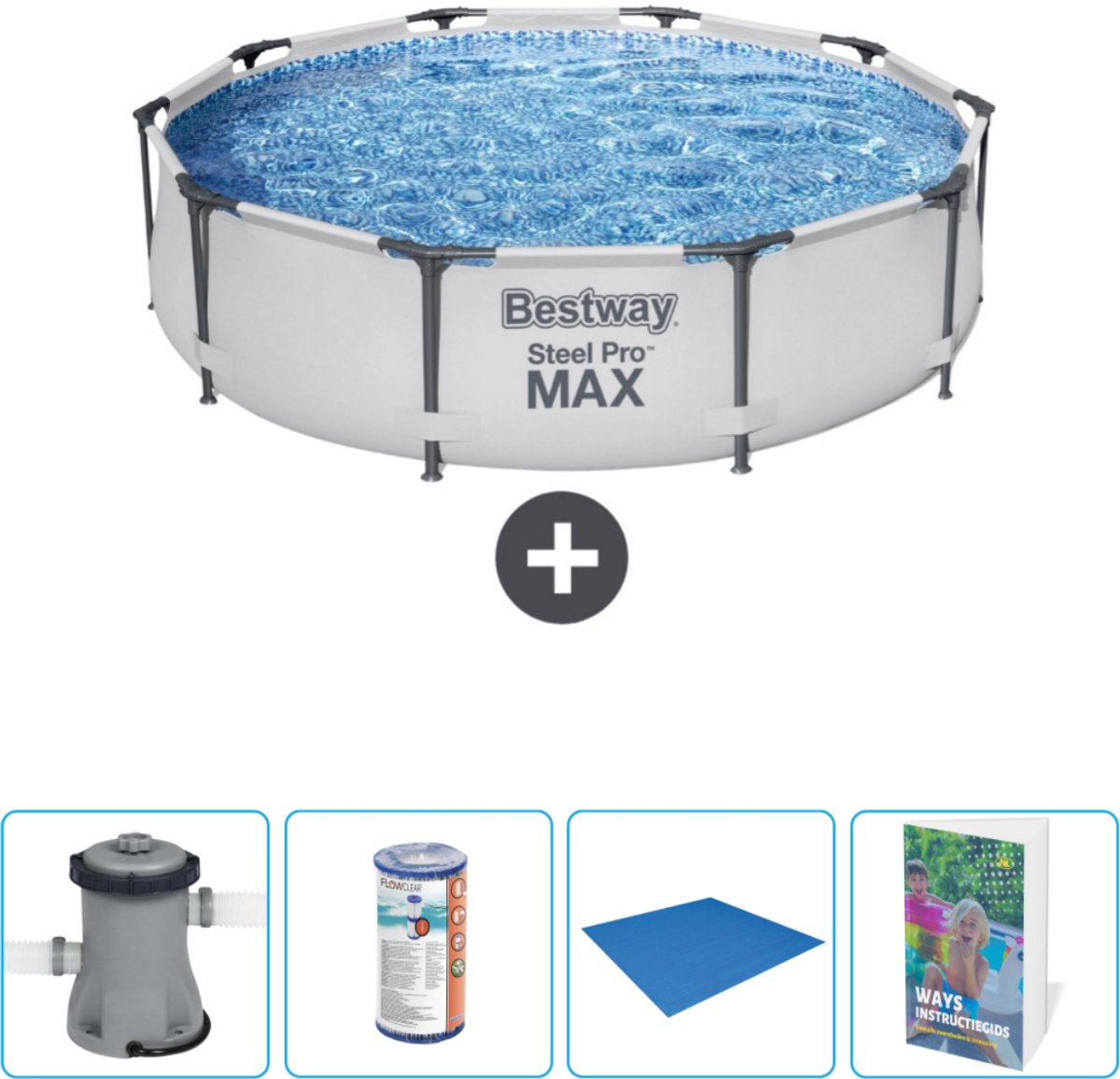 Bestway Rond Steel Pro MAX Zwembad - 305 x 76 cm - Grijs - Inclusief Pomp - Filter - Grondzeil - Zwembadgids