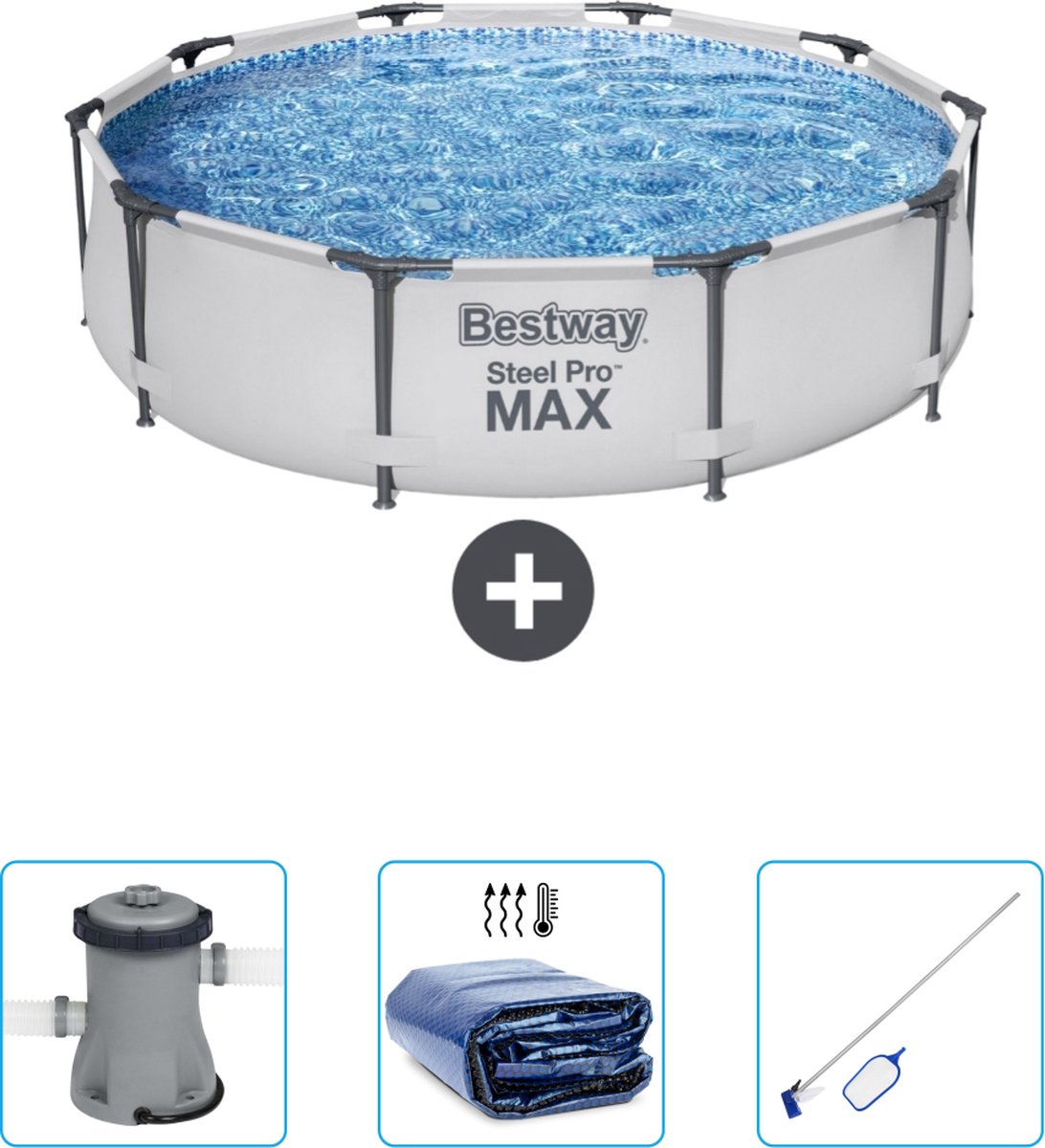 Bestway Rond Steel Pro MAX Zwembad - 305 x 76 cm - Grijs - Inclusief Pomp - Solarzeil - Schoonmaakset