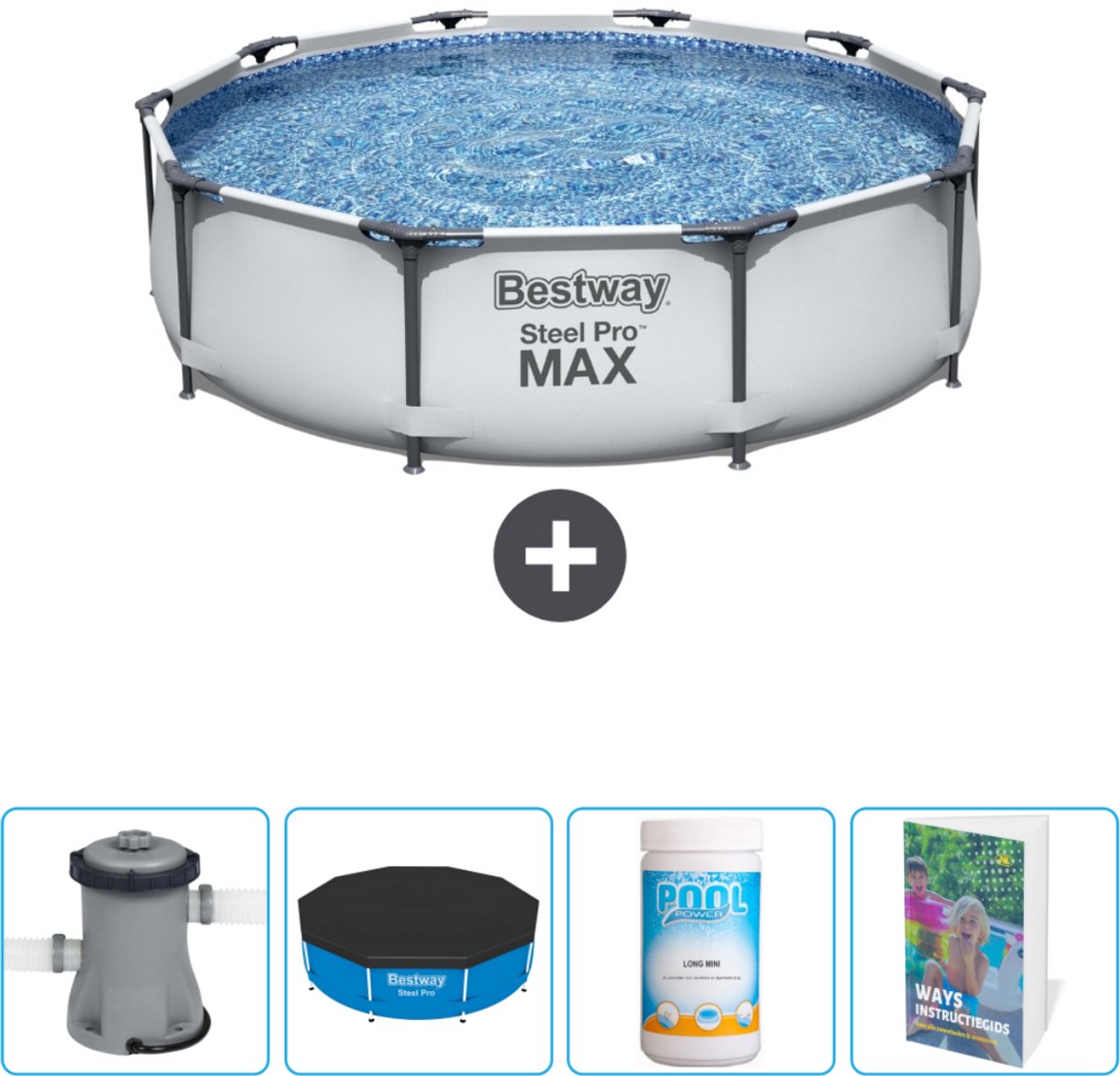 Bestway Rond Steel Pro MAX Zwembad - 305 x 76 cm - Grijs - Inclusief Pomp Afdekzeil - Chloor - Zwembadgids
