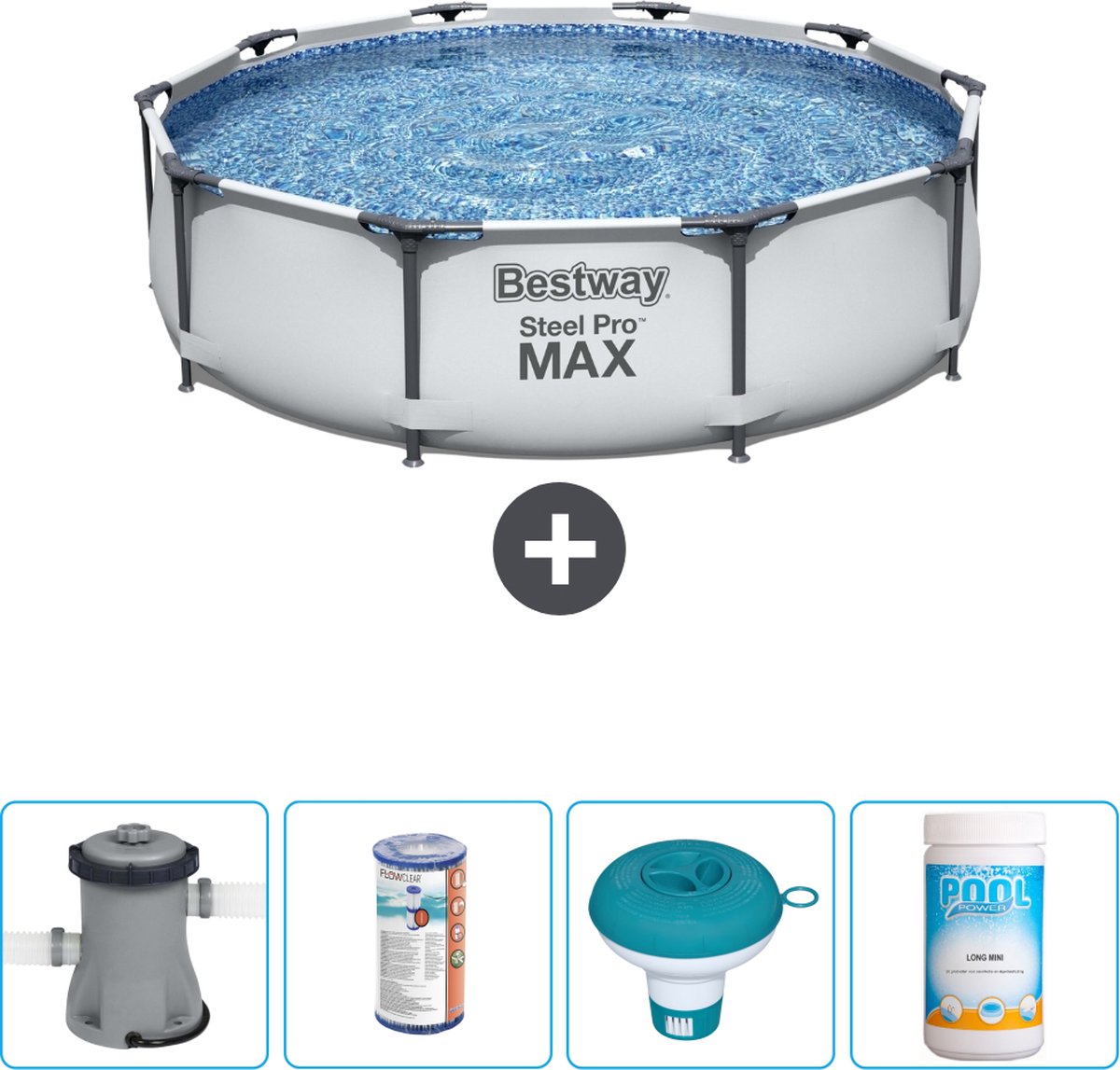 Bestway Rond Steel Pro MAX Zwembad - 305 x 76 cm - Grijs - Inclusief Pomp Filter - Chloordrijver - Chloor