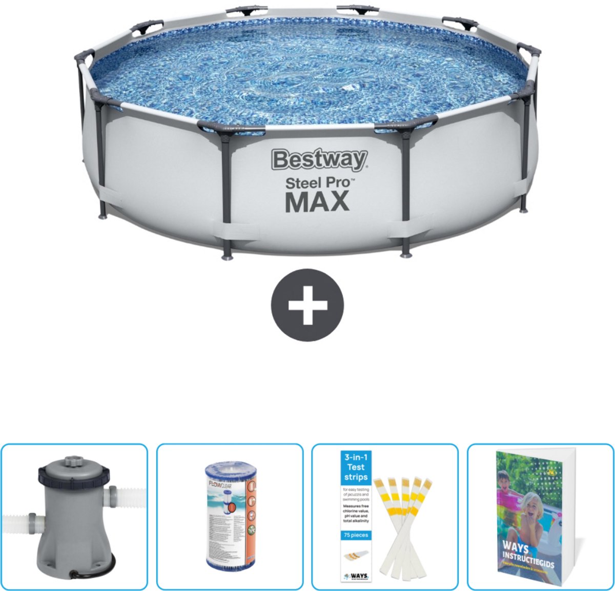 Bestway Rond Steel Pro MAX Zwembad - 305 x 76 cm - Grijs - Inclusief Pomp Filter - Testrips - Zwembadgids