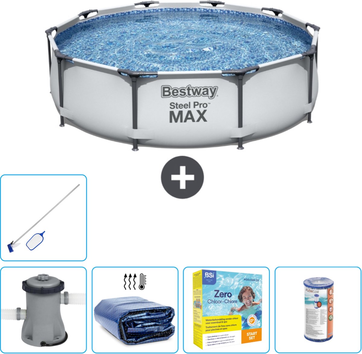 Bestway Rond Steel Pro MAX Zwembad - 305 x 76 cm - Grijs - Inclusief Pomp Solarzeil - Onderhoudspakket - Filter - Schoonmaakset