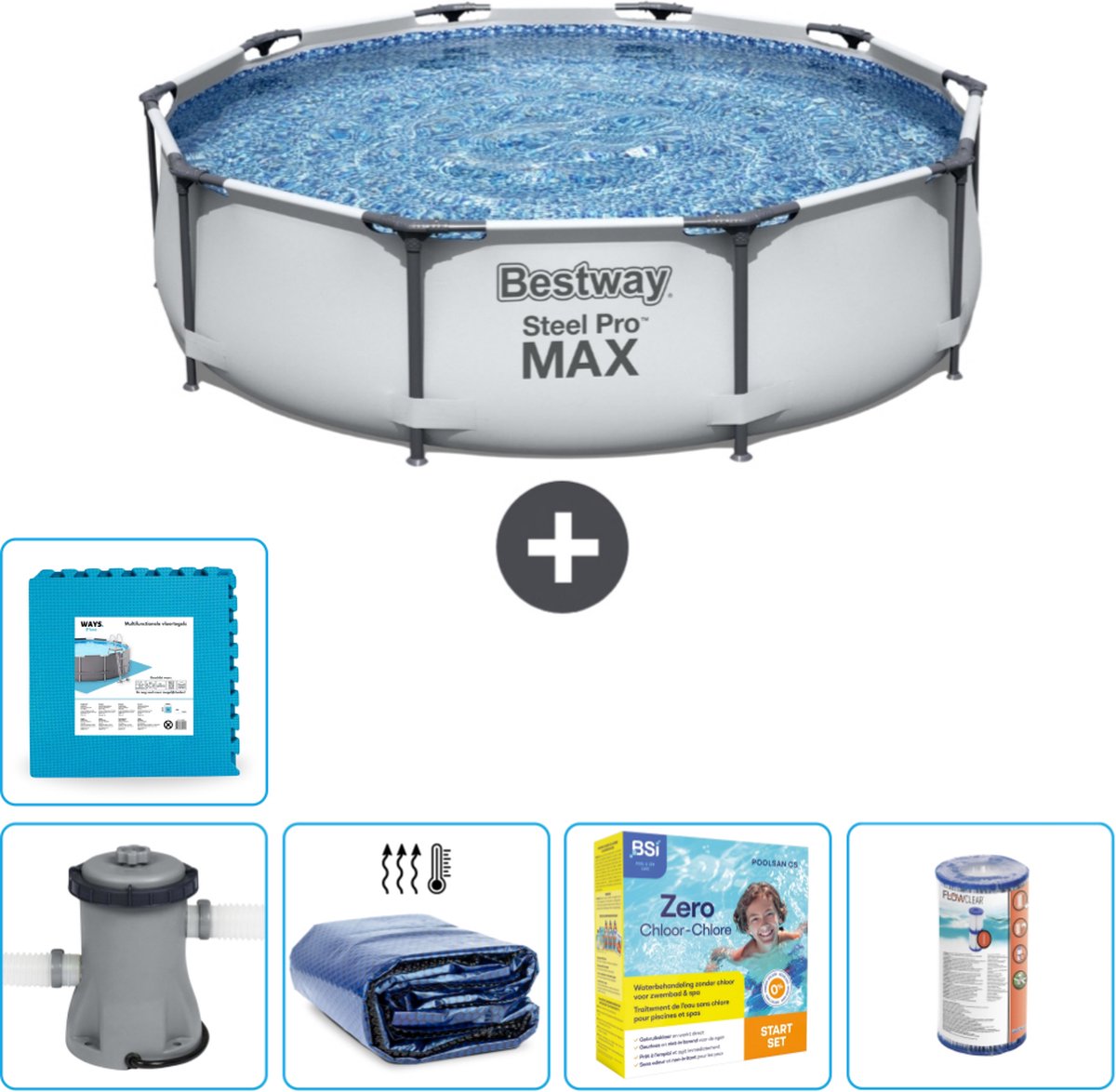 Bestway Rond Steel Pro MAX Zwembad - 305 x 76 cm - Grijs - Inclusief Pomp Solarzeil - Onderhoudspakket - Filter - Vloertegels