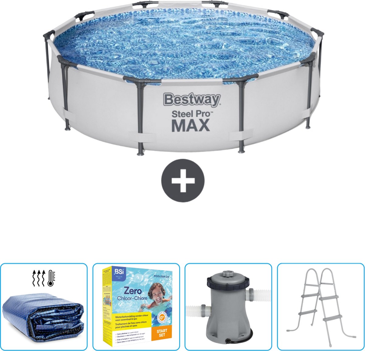Bestway Rond Steel Pro MAX Zwembad - 305 x 76 cm - Grijs - Inclusief Solarzeil - Onderhoudspakket - Pomp - Ladder