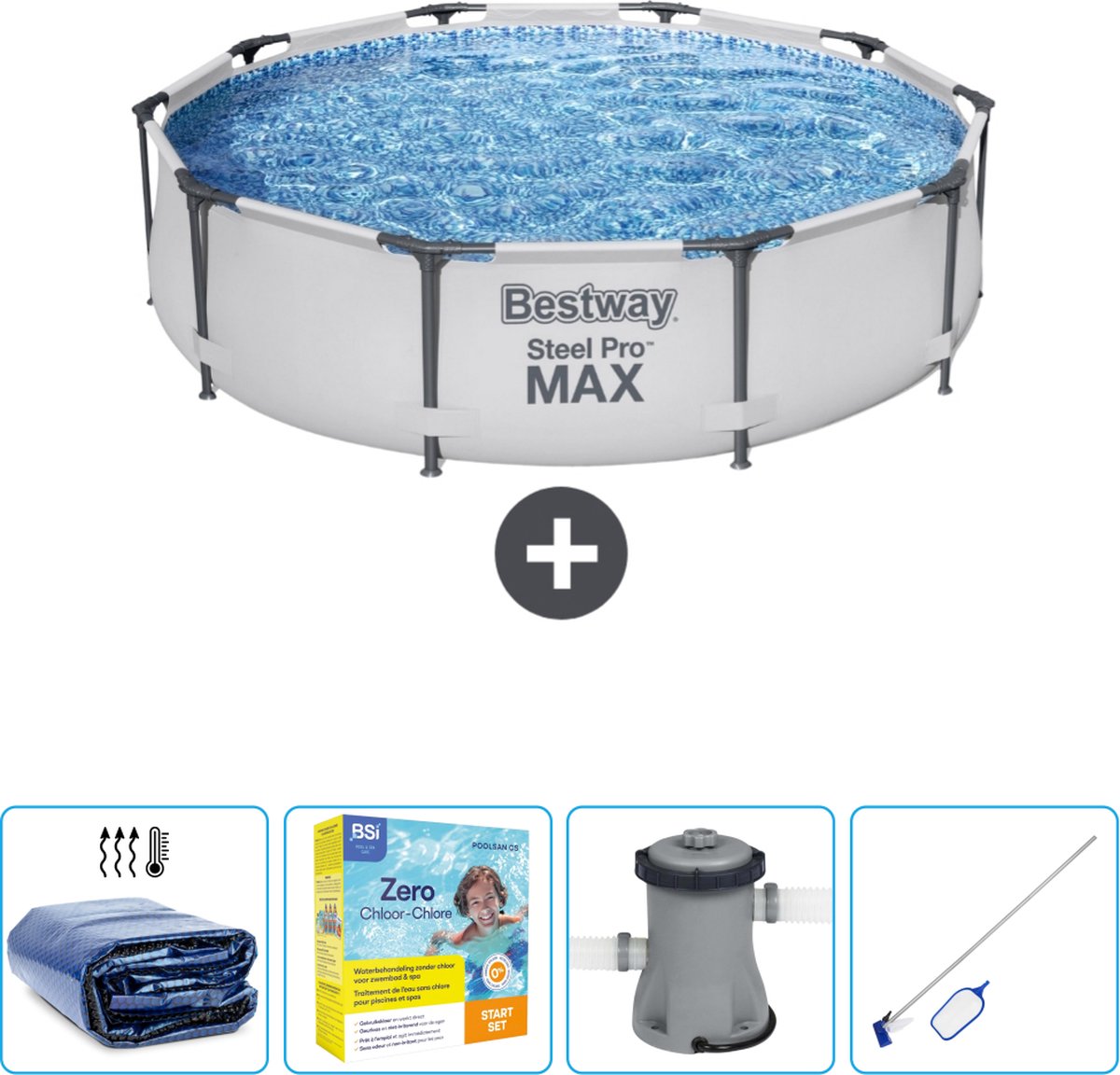 Bestway Rond Steel Pro MAX Zwembad - 305 x 76 cm - Grijs - Inclusief Solarzeil - Onderhoudspakket - Pomp - Schoonmaakset