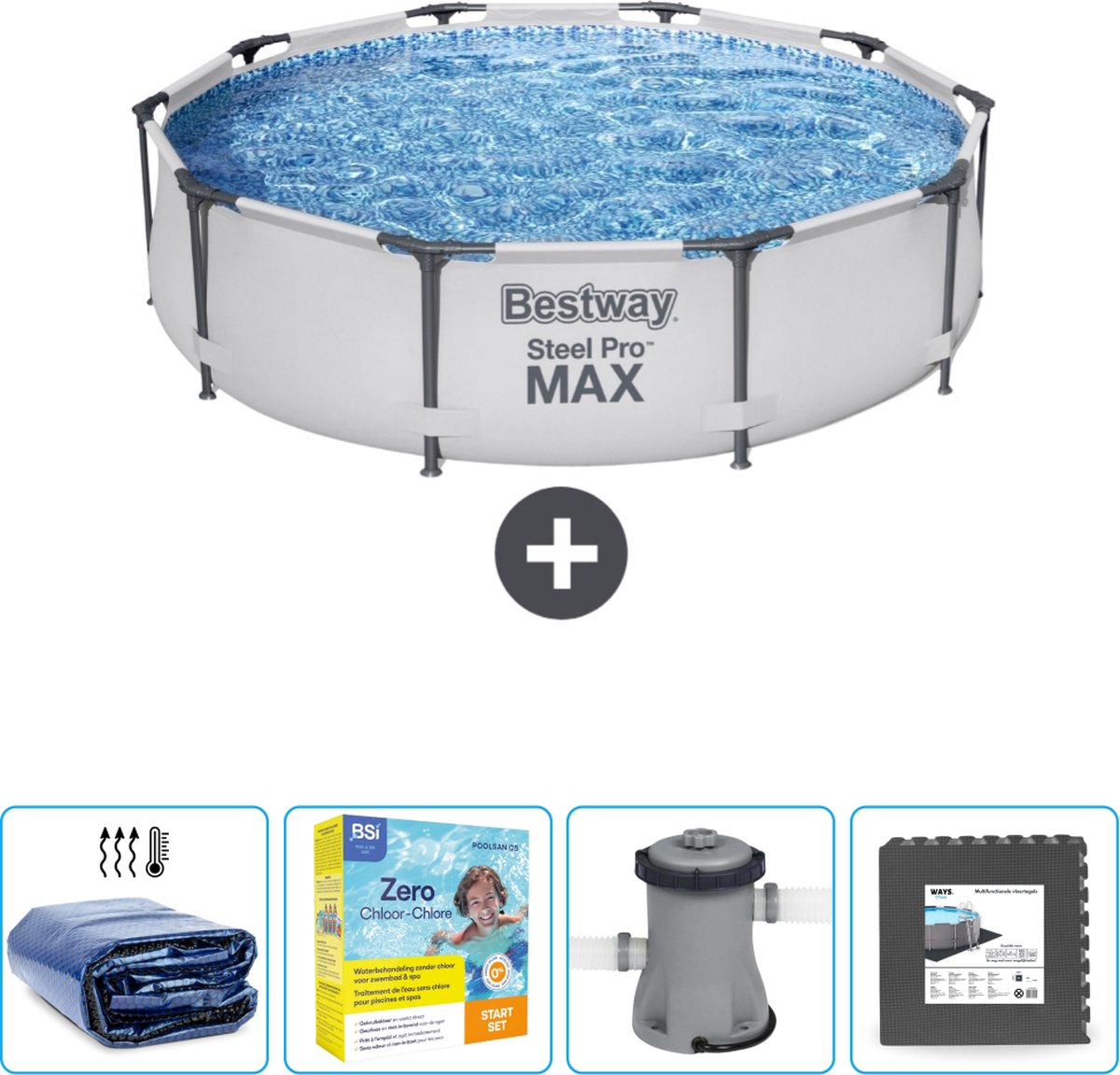 Bestway Rond Steel Pro MAX Zwembad - 305 x 76 cm - Grijs - Inclusief Solarzeil - Onderhoudspakket - Pomp - Vloertegels