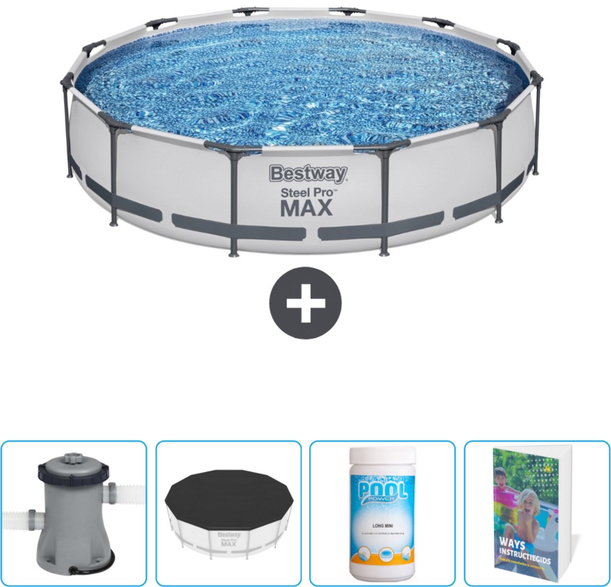 Bestway Rond Steel Pro MAX Zwembad - 366 x 76 cm - Grijs - Inclusief Pomp Afdekzeil - Chloor - Zwembadgids