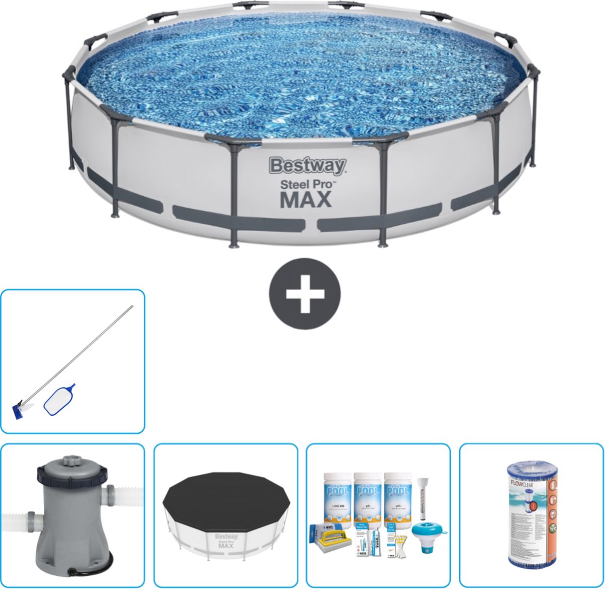 Bestway Rond Steel Pro MAX Zwembad - 366 x 76 cm - Grijs - Inclusief Pomp Afdekzeil - Onderhoudspakket - Filter - Schoonmaakset