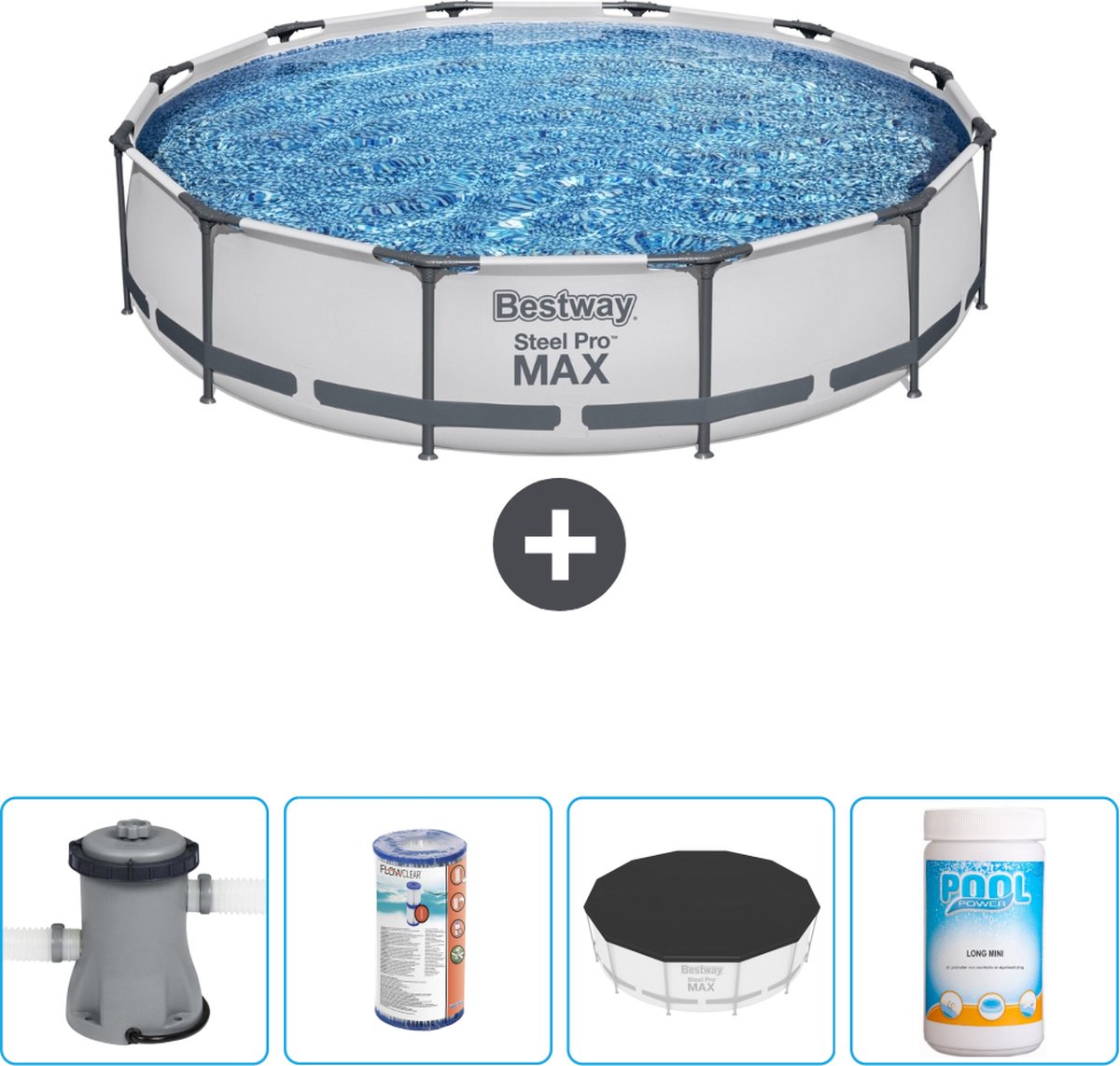 Bestway Rond Steel Pro MAX Zwembad - 366 x 76 cm - Grijs - Inclusief Pomp Filter - Afdekzeil - Chloor