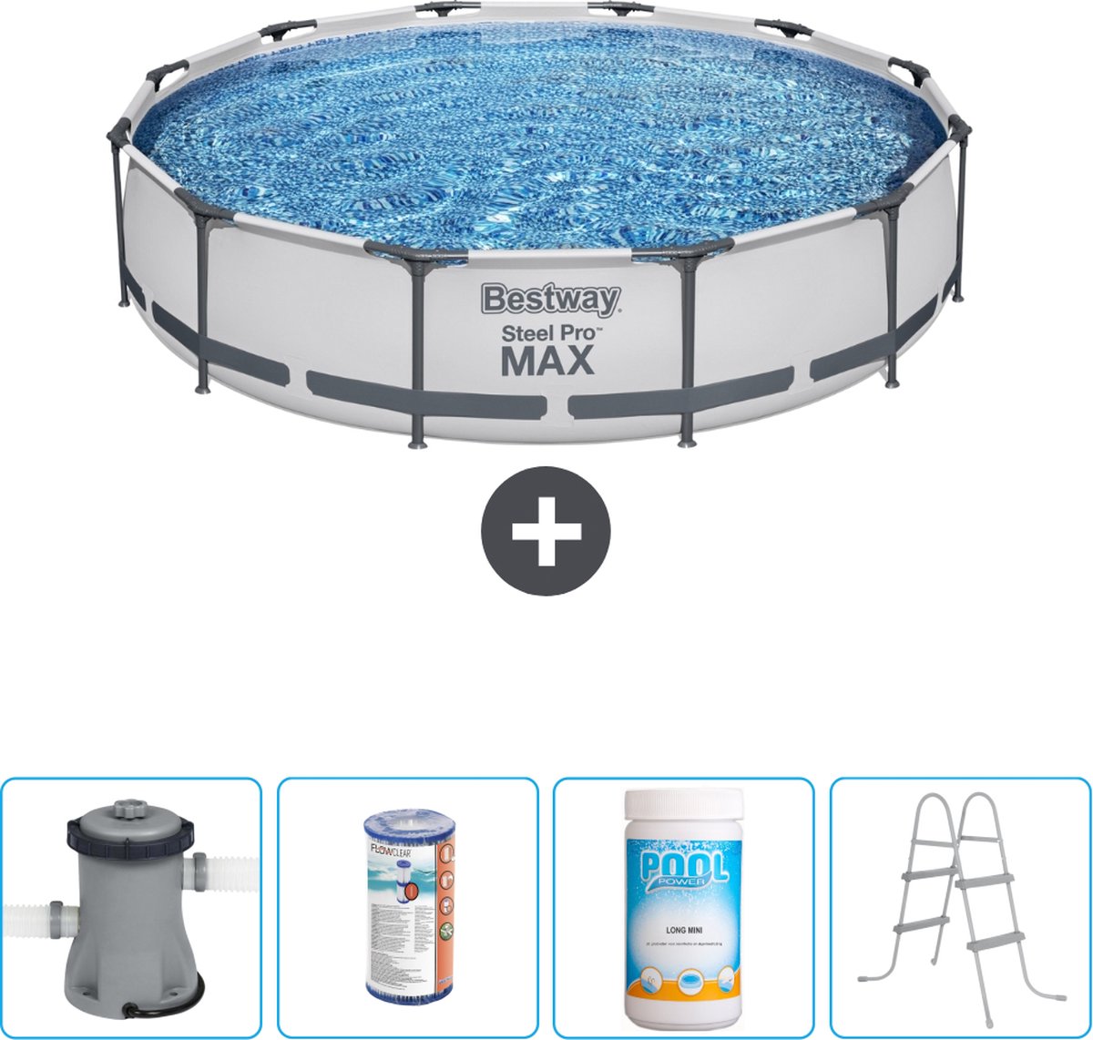 Bestway Rond Steel Pro MAX Zwembad - 366 x 76 cm - Grijs - Inclusief Pomp Filter - Chloor - Ladder