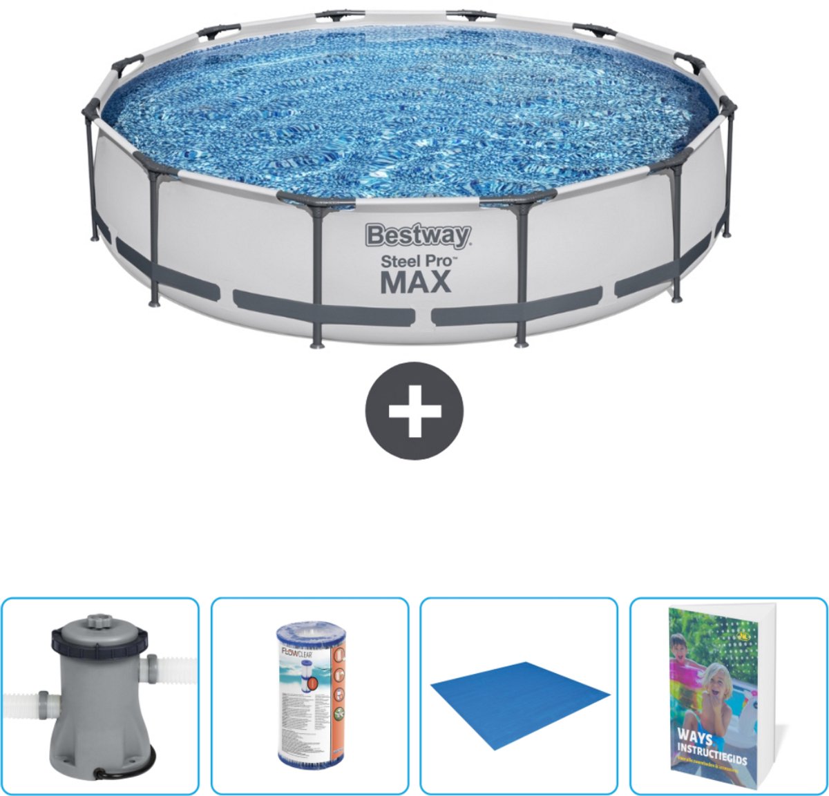 Bestway Rond Steel Pro MAX Zwembad - 366 x 76 cm - Grijs - Inclusief Pomp Filter - Grondzeil - Zwembadgids